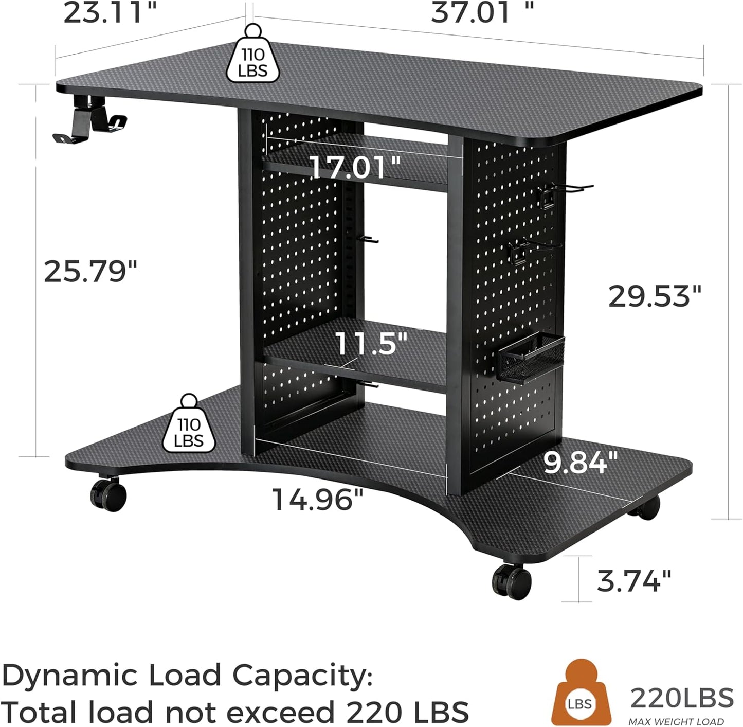EUREKA ERGONOMIC Computer Gaming Desk, 37" Rolling Desk on Wheels for Small Space, Mobile Computer Cart with Pegboards Adjustable Shelves for Gaming PS Switch Home Office, Black