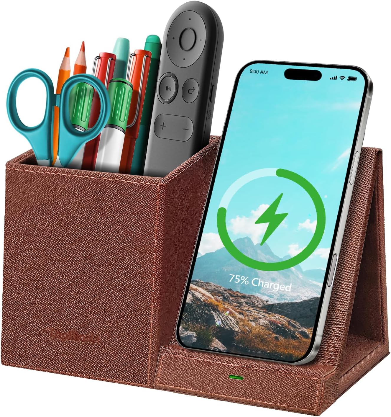 TopMade Wireless Charger with Pen Holder, Multi-functional Desktop Organizer and Storage, Home Office Supplies Desk Accessories, Pencil/Remote Holder with Fast Charging Phone Stand (Brown)