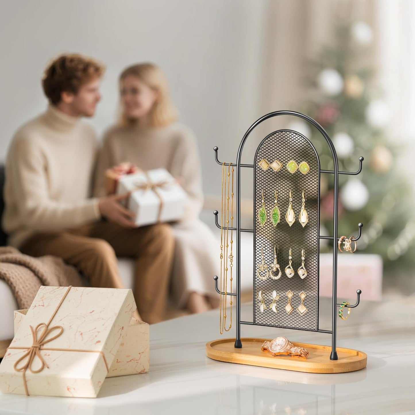 Jewelry Holder Organizer Earring Display - Stands Earring Storage Earring tree Hanger Jewelry Towers Rack with 6 Hooks 300 Stud Holes Wood Tray for Necklaces Bracelets Rings