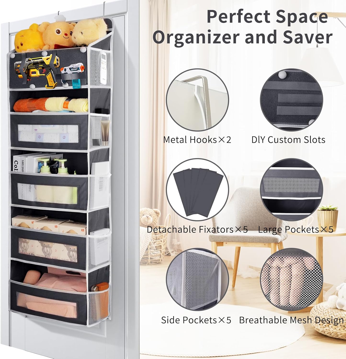 Over the Door Organizer, Large Capacity 5 Shelfs Hanging Door Organizer with Pockets and DIY Slots for Toys, Shoes, Diapers, Clothes, Behind Door Storage for Closet Wall Bedroom Nursery Pantry, Gray