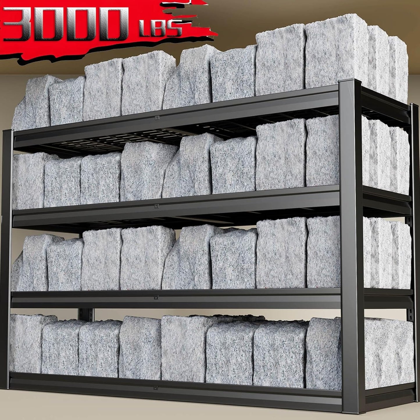 68" Wide Heavy Duty Garage Shelving Units, 4-Tier Deep Storage Shelves,Black Metal Garage Shelves,Steel Shelf,Large Storage Rack,Industrial Shelving for Shop, 68" W x 24" D x 68" H