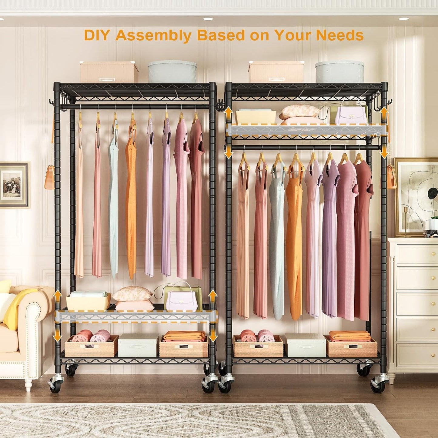 FUTASSI P6 Rolling Clothes Rack Heavy Duty, Clothing Racks for Hanging Clothes, Freestanding Garment Rack with Wheels, Portable Closet Rack Max Load 380 LBS, 35.5'' W x 14'' D x 74.6'' H, Black