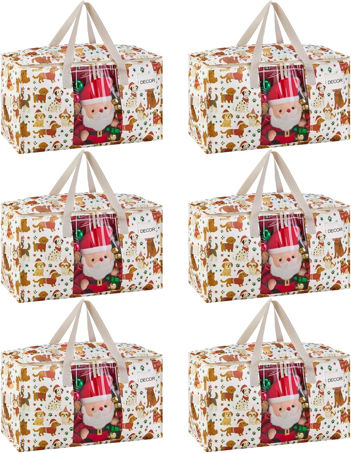 VENO 6 Pack Moving Bags, Large Christmas Storage Bins with lids, Packing Supplies for College, Alternative to Moving Boxes, Foldable, Heavy-Duty Tote, Christmas Pattern (Holiday Pups, 6 Pack)