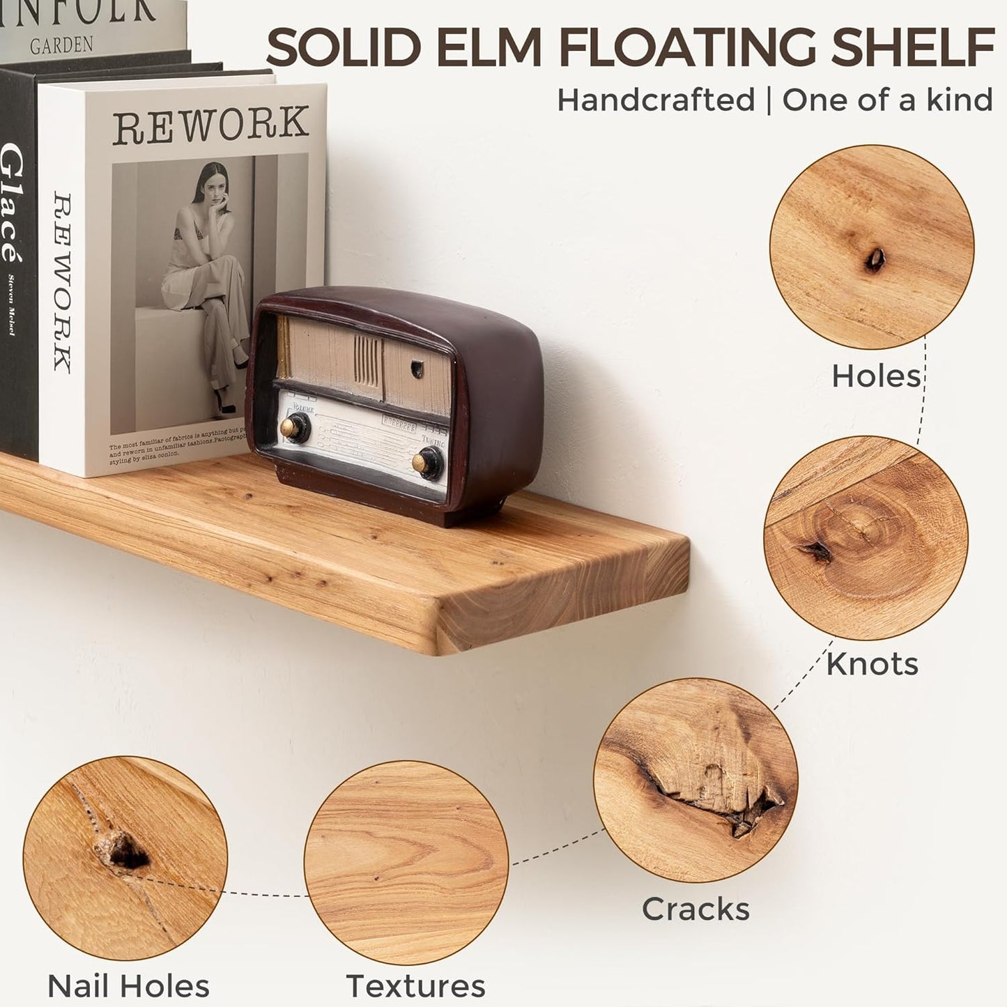 Fun Memories Rustic Elm Wood Floating Shelves, Wooden Wall Shelves 40 Inch Long Set of 2, Heavy-Duty Bathroom Shelf for Wall, Solid Wood Storage Shelf for Kitchen, Bedoom, Office