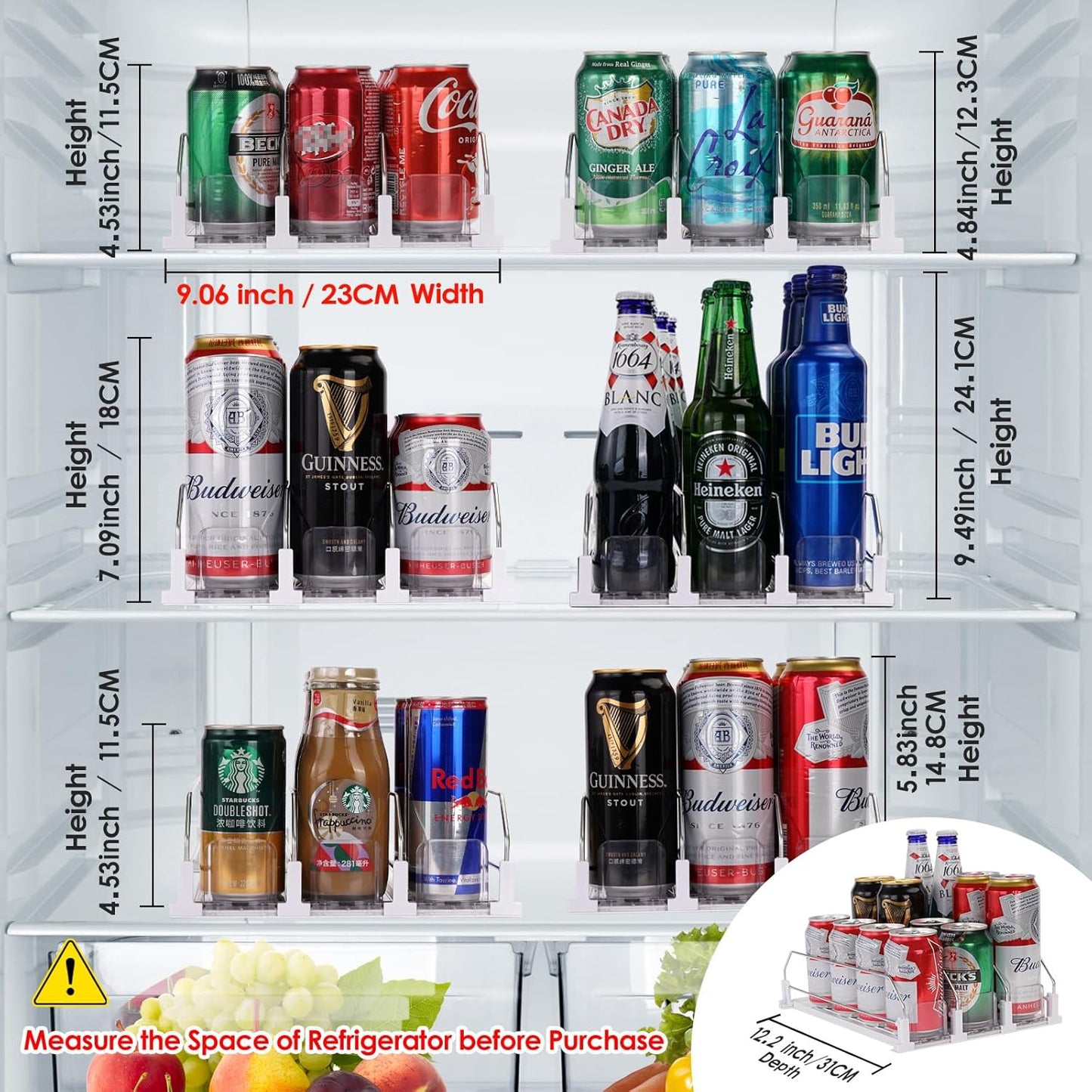 Automatic Soda Can Organizer for Refrigerator Can Dispenser for Beer Soda Seltzer Drink Pop Can Holder Self-Pushing Drink Organizer for Fridge Storage 12 cans of 11.15oz 12oz 16oz 16.9oz