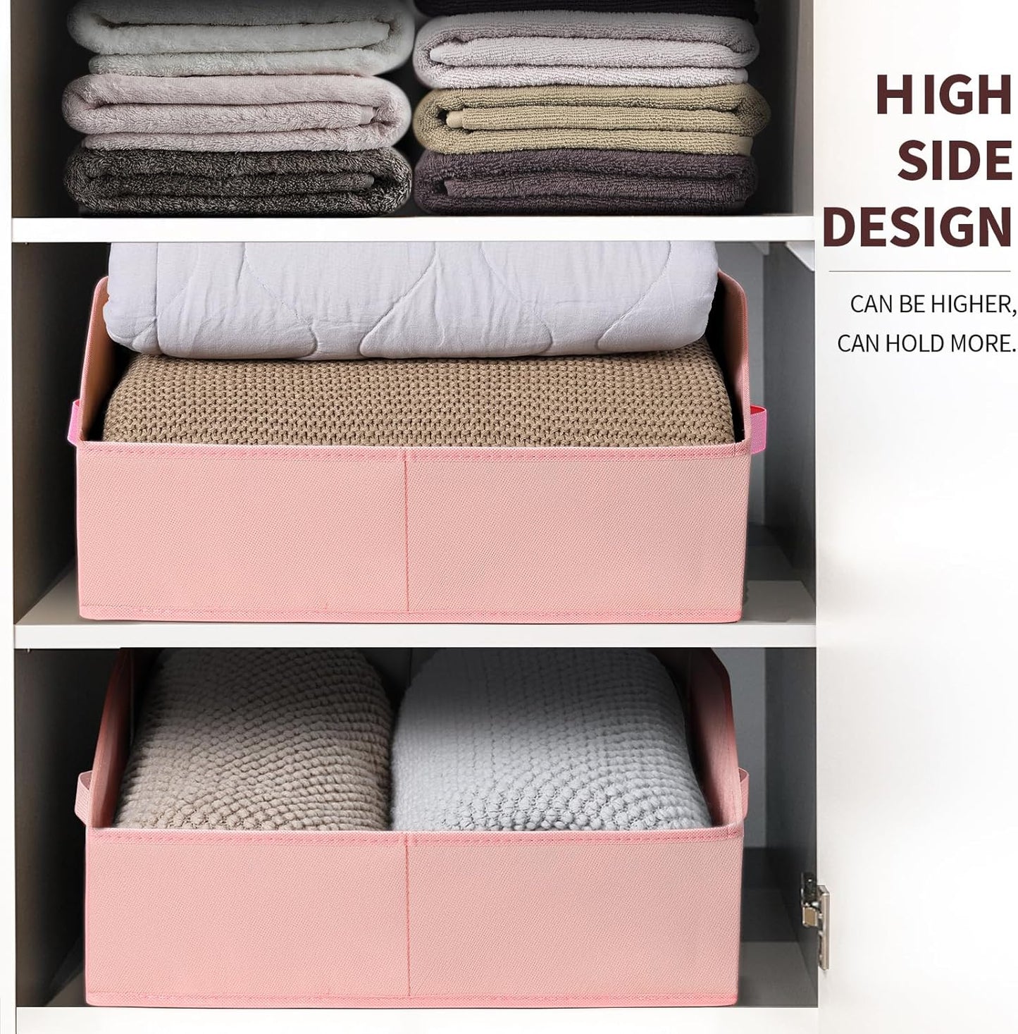Closet Baskets for Shelves Trapezoid - Decorative Storage Baskets with Handle, Closet Bins for Organization, Shelf Storage Bins for Clothes, Books, Home, Office, 4 Pack, Pink