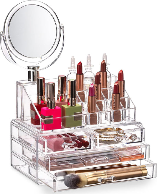 Masirs Clear Makeup Organizer with Mirror – 16-Compartment Cosmetic and Jewelry Holder, 4-Drawer Vanity Storage, Elegant Clear Design for Makeup and Accessories
