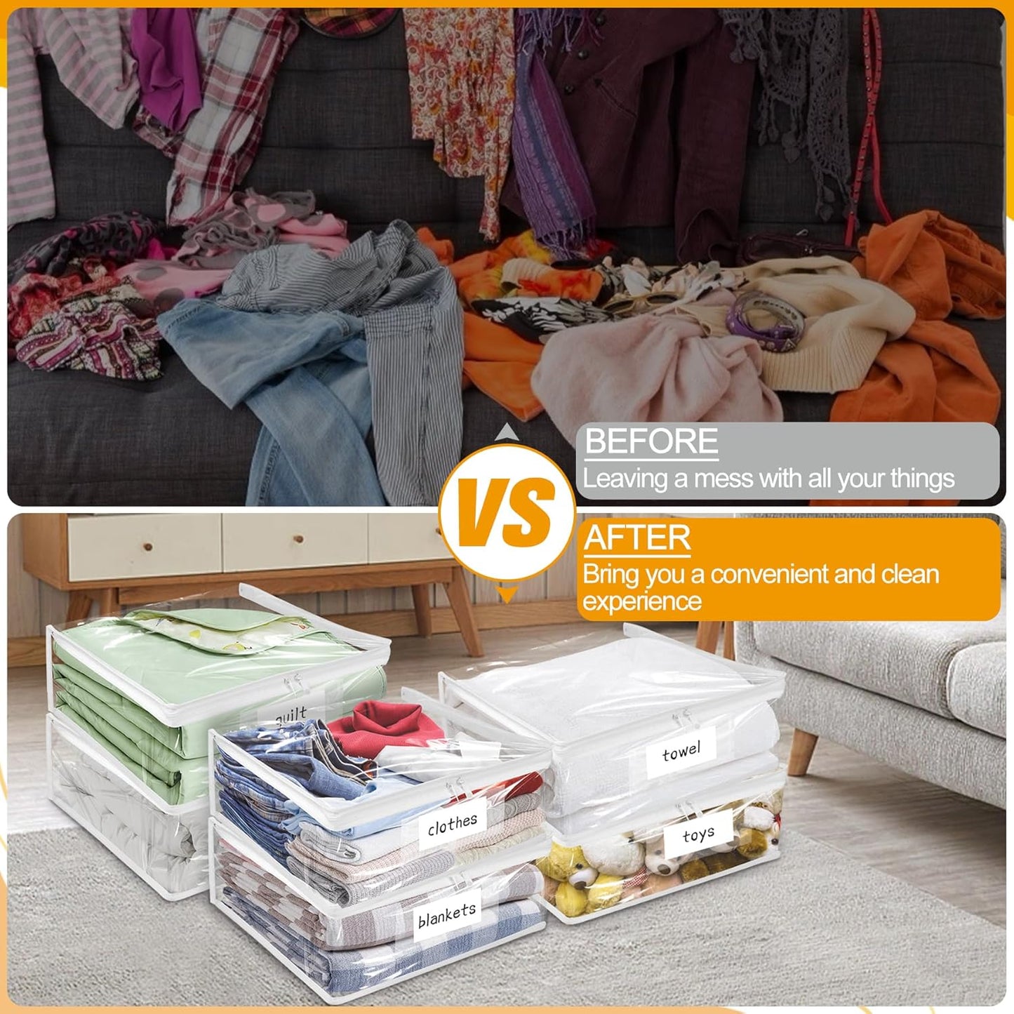 Plastic Storage Bags with Easy-Glide Zipper, Pack of 8, Durable Clear Vinyl Zippered Storage Bags for Clothes Sweaters Comforters Blankets Sheets Bedding (12 x 12 x 3.9 Inch)