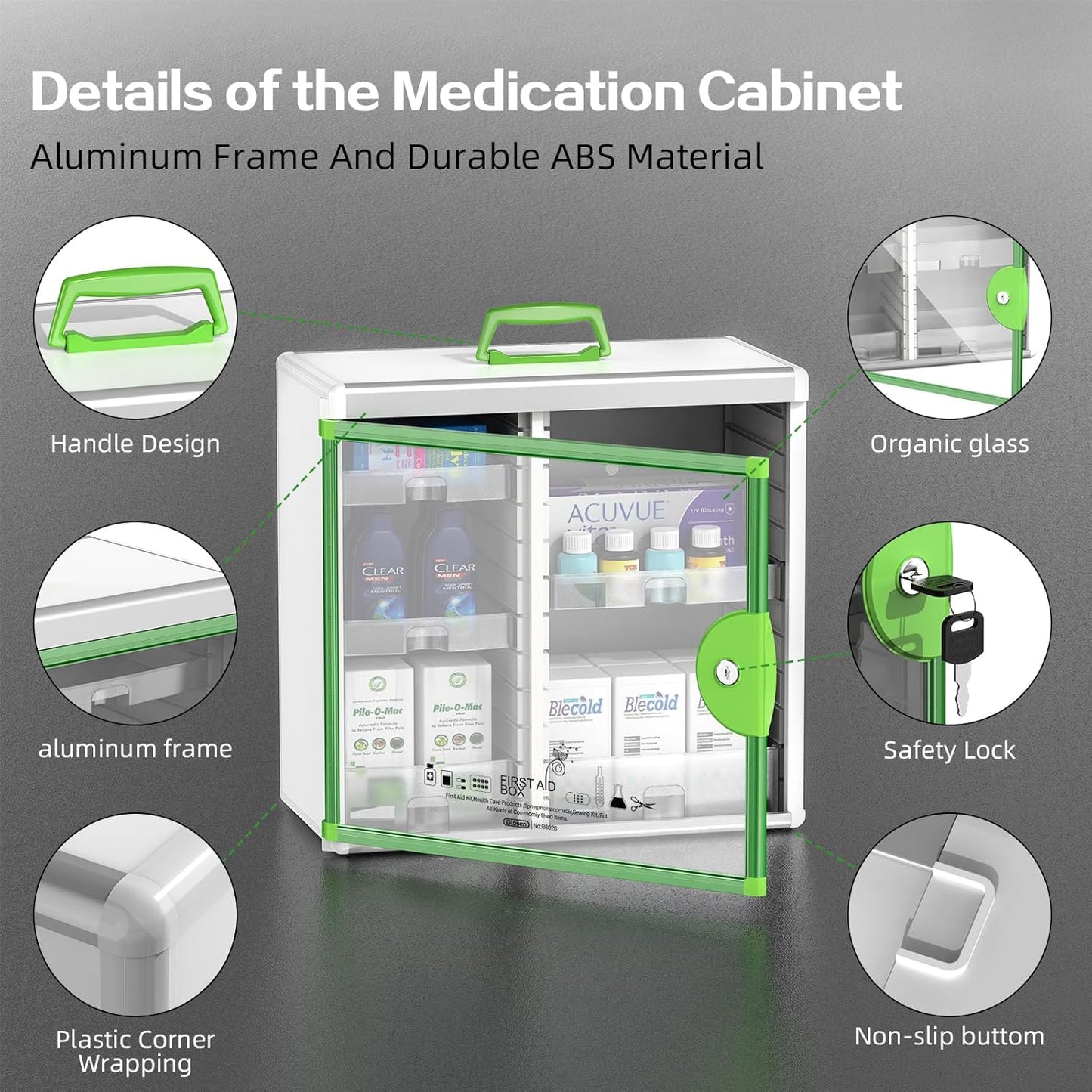 Glosen Medicine Cabinet Locking Medicine Cabinet Wall Mounted【 Green 13.6 x 13.4 x 6.5 Inch 】 Portable Storage Container Big Capacity