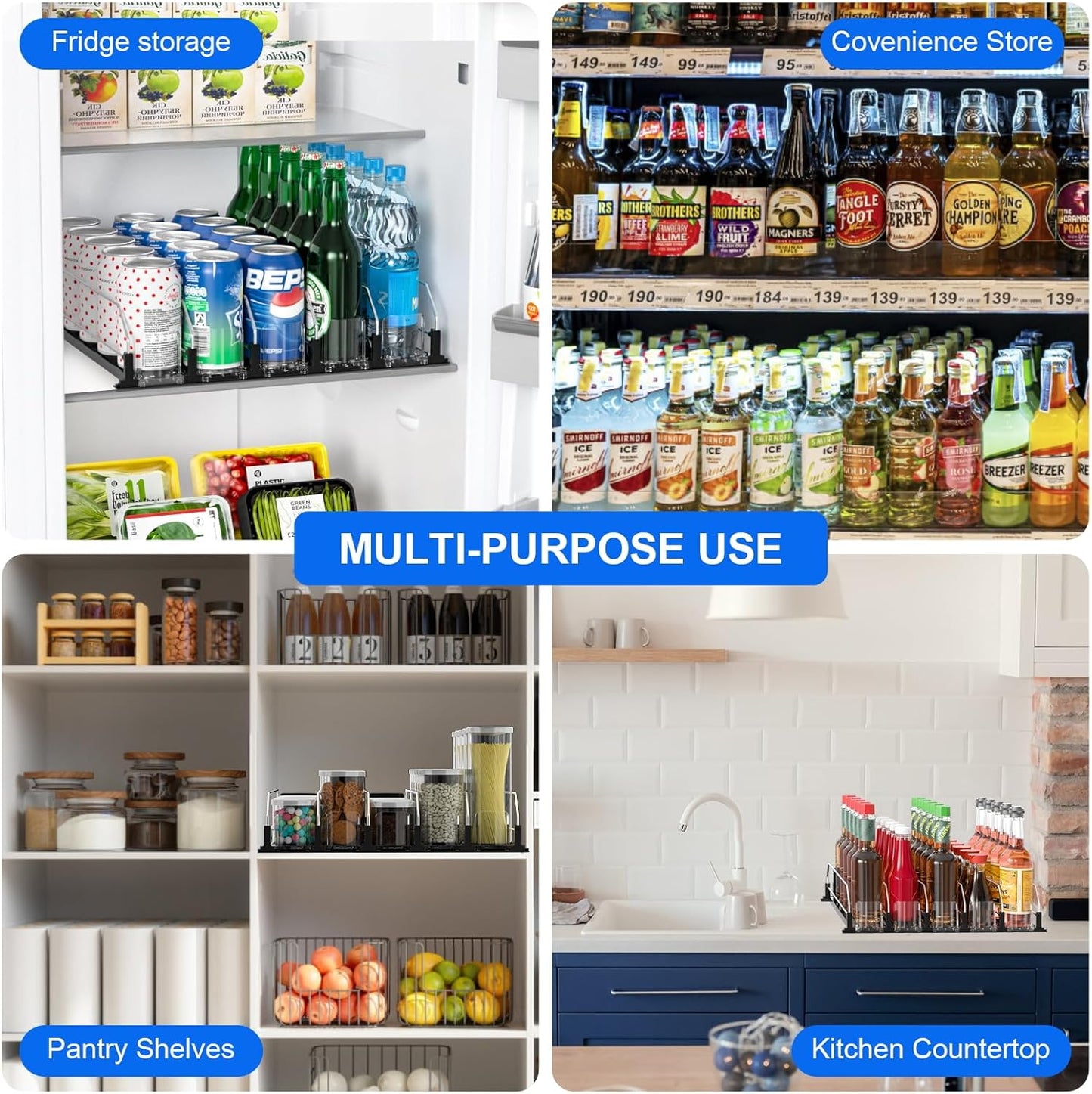 6 Rows Black Drink Organizer for Fridge, 3rd Gen Refrigerator Organizers and Storage, Automatic Pusher Glide and Adjustable Width Can Organizer for Refrigerator - Holds up to 30 Cans