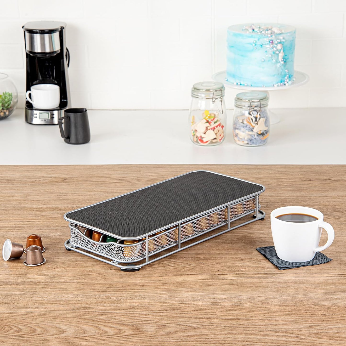 Restaurantware Restpresso 14.8 x 7.3 x 2.4 Inch Coffee Capsule Drawer 1 Heavy-Duty Pod Drawer - Holds 40 Nespresso Capsules Grip Top Iron Espresso Pod Organizer Mesh Tray Pods Not Included