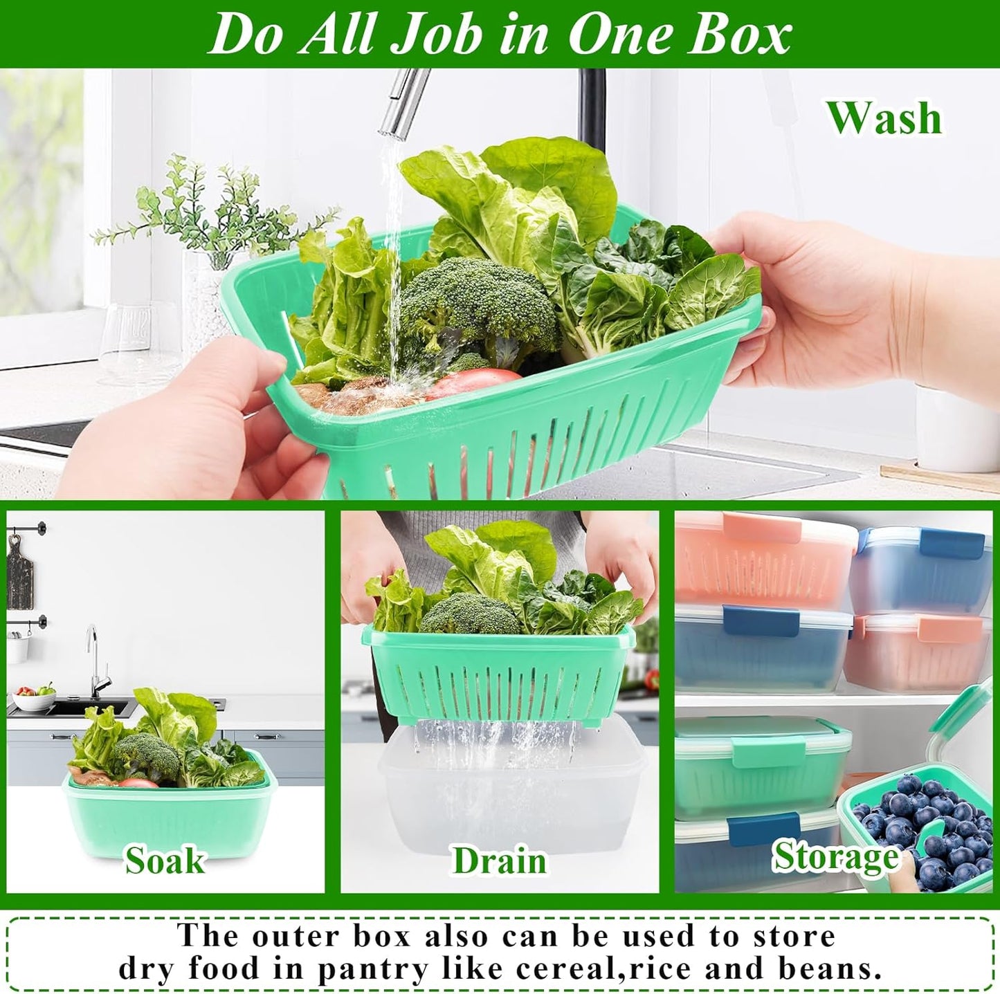 68oz Berry Keeper Fruit Storage Container for Fridge, Fresh Food Produce Saver Containers with Removable Drain Colanders, Vegetable Lettuce Keeper Bowl, Refrigerator Organizer, PRESS TO OPEN CLOSE LID