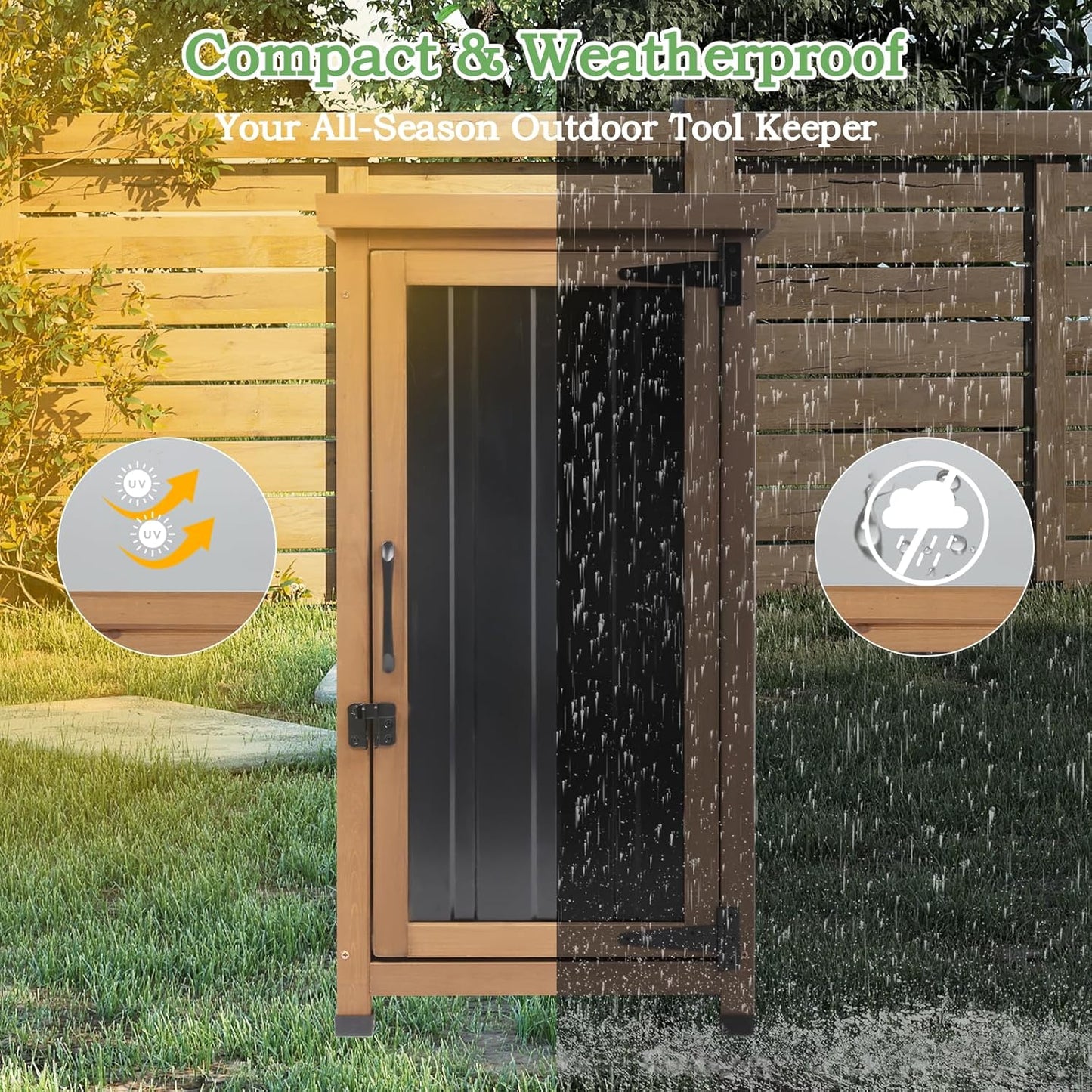 Outdoor Storage Cabinet Waterproof with Metal Top, Wooden Potting Bench Table Tool Organizer with Adjustable Shelf for Patio Backyard Garden