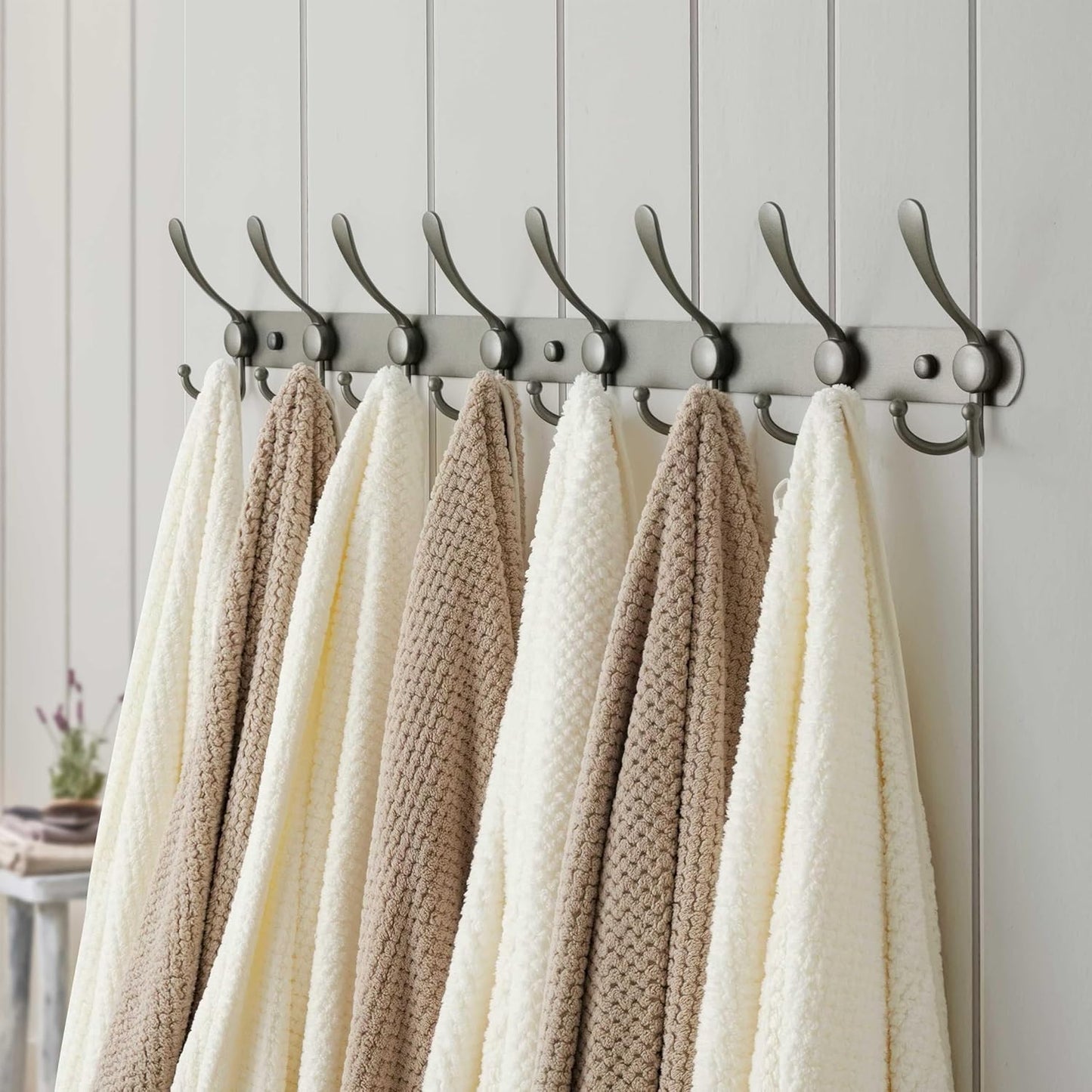 Dseap Coat Rack Wall Mount - 29.5” Long 8-Tri-Hooks Heavy Duty Coat Hanger Rail Wall Hooks for Hanging Coats Hats Clothing Clothes Purse Mudroom Entryway, Gray