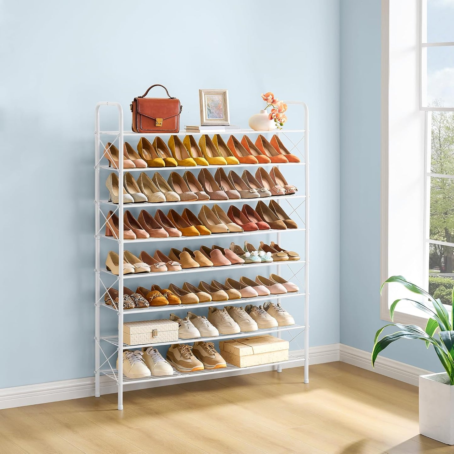 Hoctieon 8 Tier Shoe Rack for Closet, Durable Mesh Style Shoe Rack, Entryway Shoe Shelf, Shoe Storage Organizer for Hallway, Bedroom, Living Room, Wardrobe, White