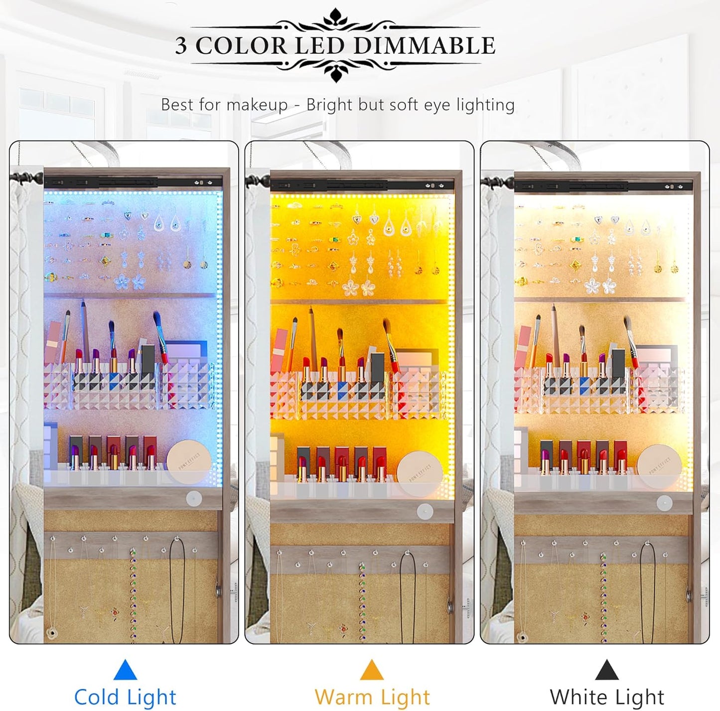 HNEBC 360° Rotating LED Jewelry Armoire, Full Length Mirror with Jewelry Storage Rear Storage Shelves, Floor Standing 3 Color Dimmable Mirror Jewelry Organizer with 4 Lockable Wheels (Brown)