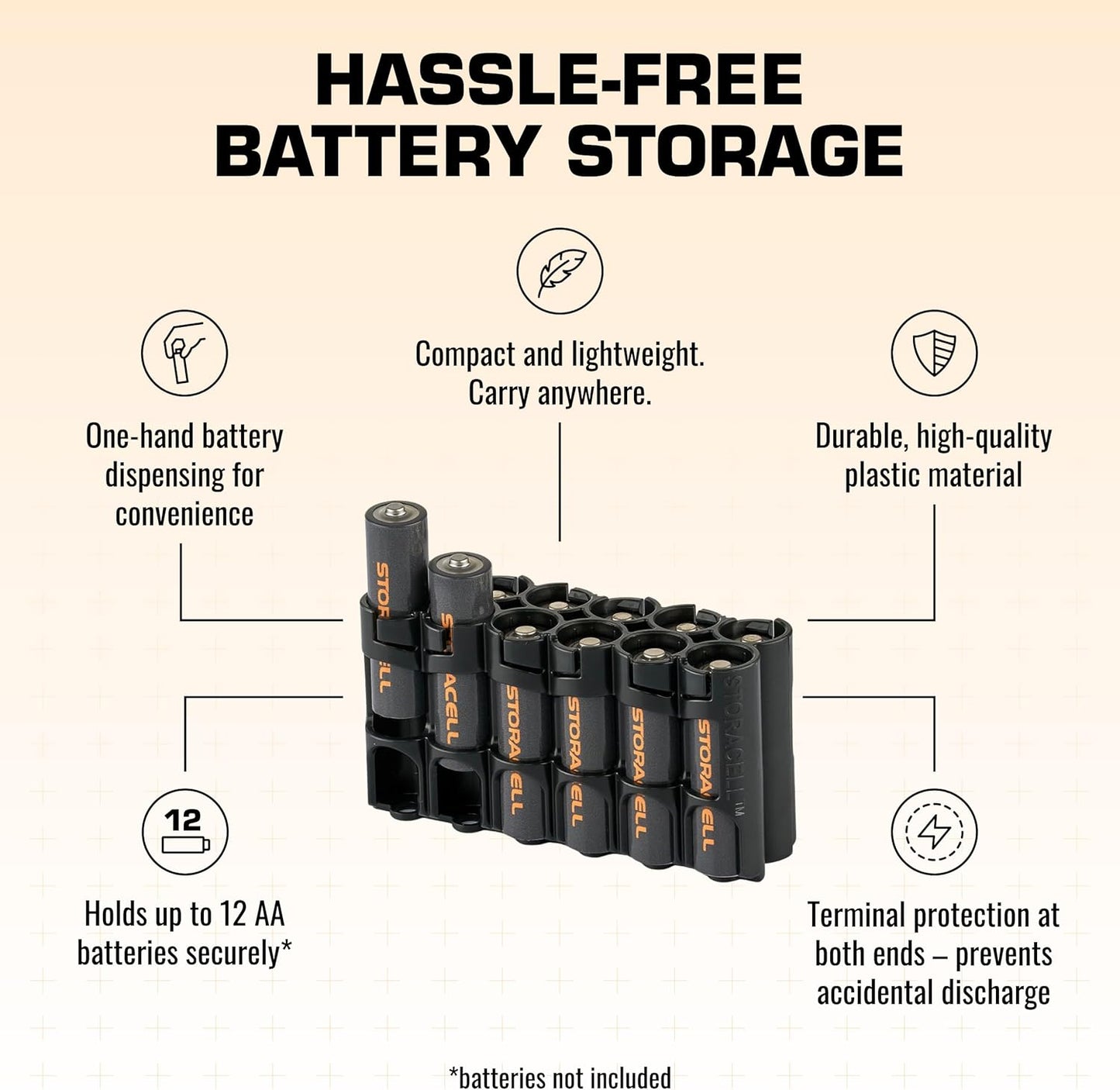 AA Battery Storage Caddy by Storacell, Black, Holds 12 Batteries (Not included)