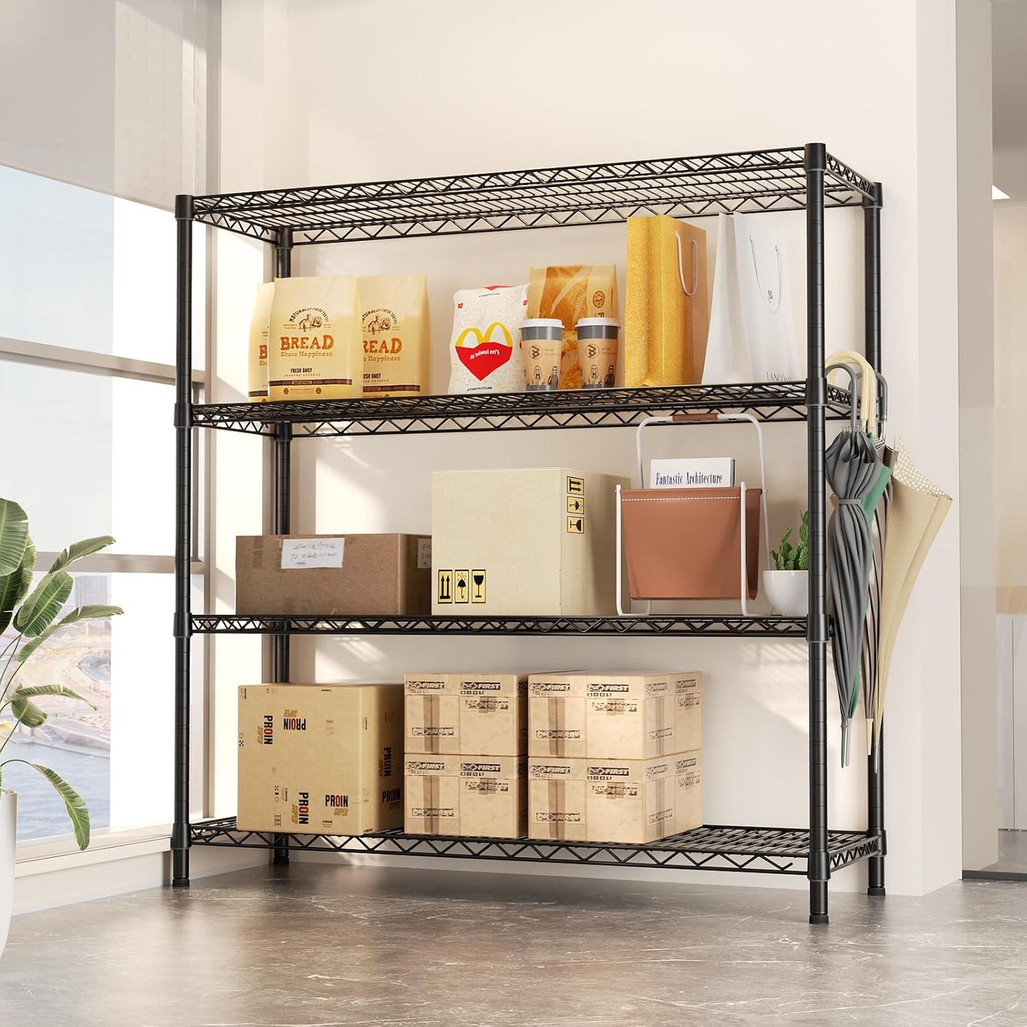 SINGAYE 4 Shelves Adjustable Shelf Heavy Duty Shelf 1400LBS Wire Storage Shelving Metal Organizer Wire Rack Black 18Dx46Wx59H