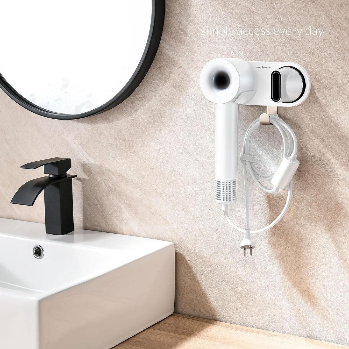 simpletome Hair Dryer Holder Wall Mount for All Magnetic High Speed Blow Dryer with Plug Cord Organizer Hook (ABS Plastic, White)