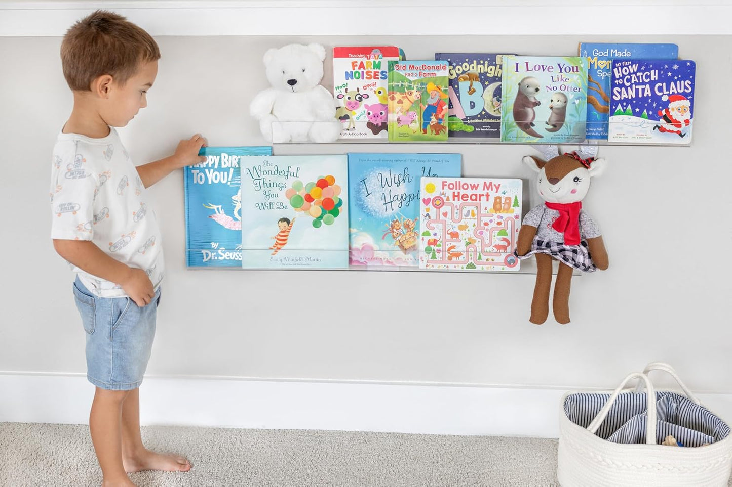 Rebecca Luxurious Acrylic Floating Shelves for Wall - 2 Pack of 16" x 2" x 4" - 5mm Thick Clear Book Shelf for Bathroom, Bedroom, Nursery, Kids Room with Easy Installation Hardware – Cute Bookshelf