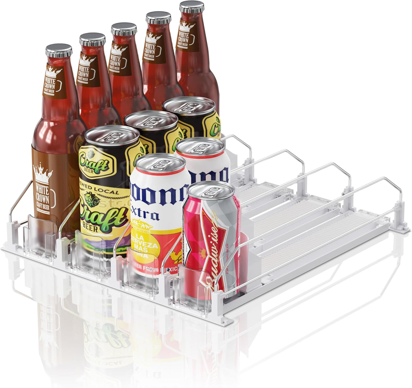 Drink Organizer for Fridge,12oz 16oz 20oz - Soda Can Dispenser for Refrigerator,Width Adjustable,Automatic Pusher Glide,15"D,White,4 ROW,Holds 20 Cans