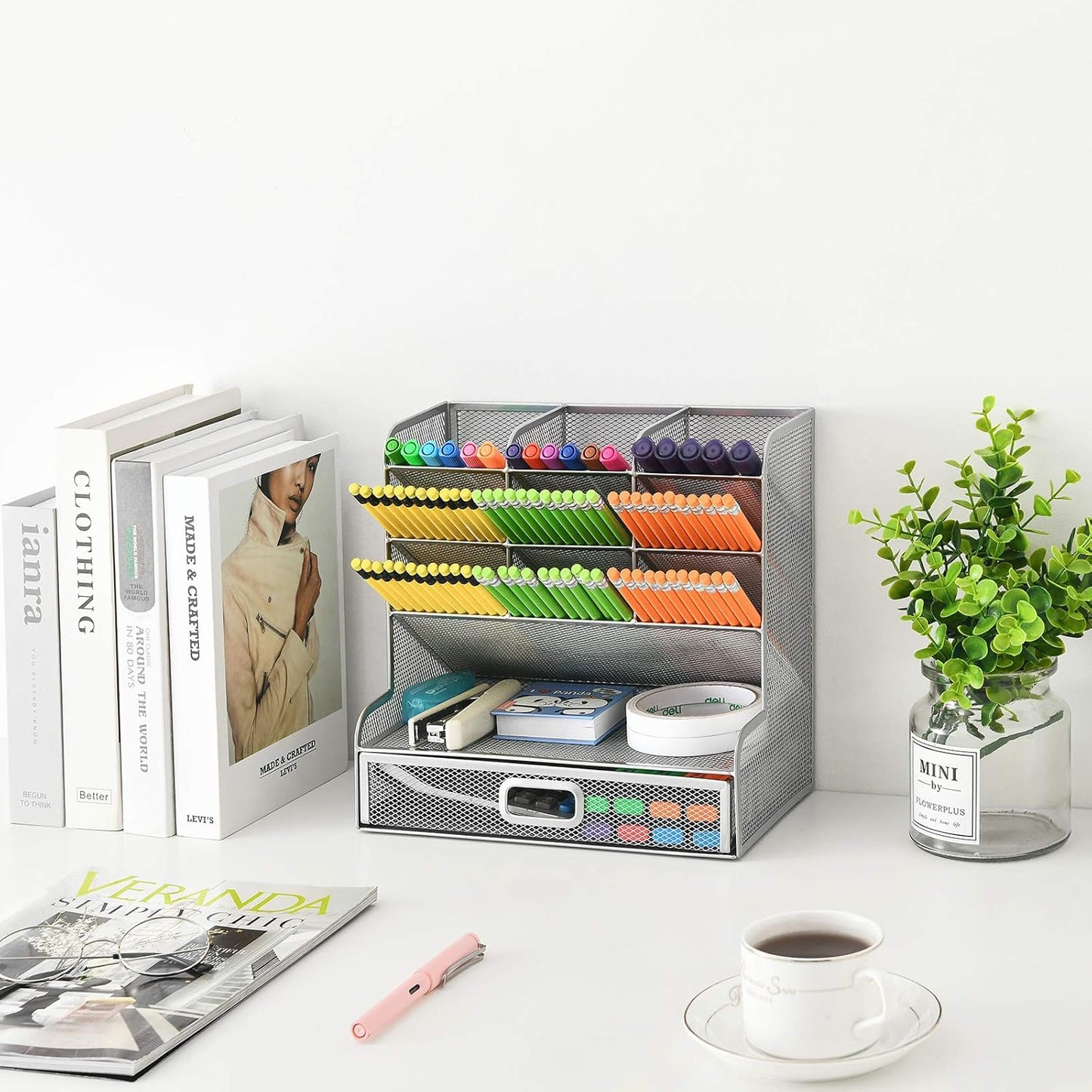 Marbrasse Larger Mesh Desk Organizer with Drawer, Multi-Functional Pen Pencil Holder, Desk Organizers and Accessories for Office Art Supplies (Silver Mesh Pen Holder with Drawer)