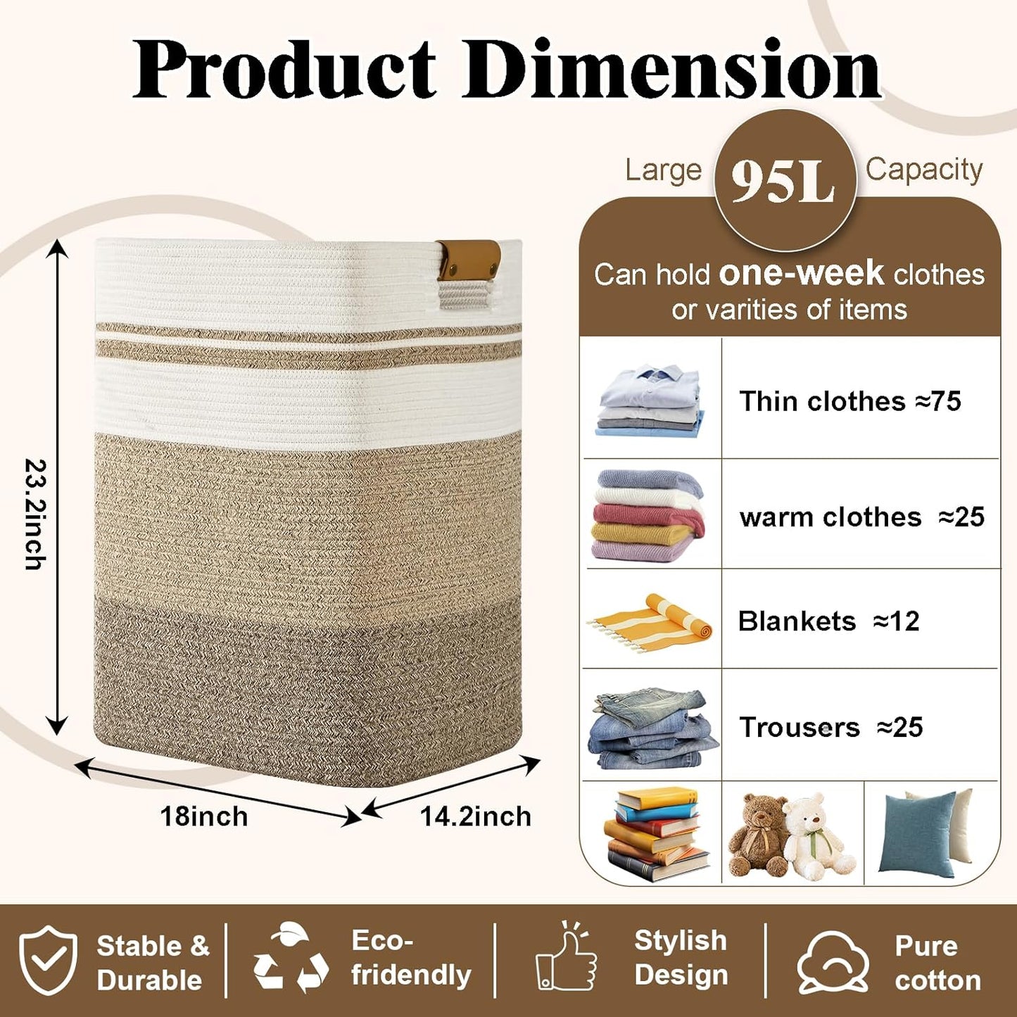 Laundry Hamper, 95L Tall Laundry Basket with Leather Handles, Rectangle Large Clothes Hamper for Organizing, Cotton Woven Laundry Baskets Storage Hampers for Bedroom, Nursery, Living Room