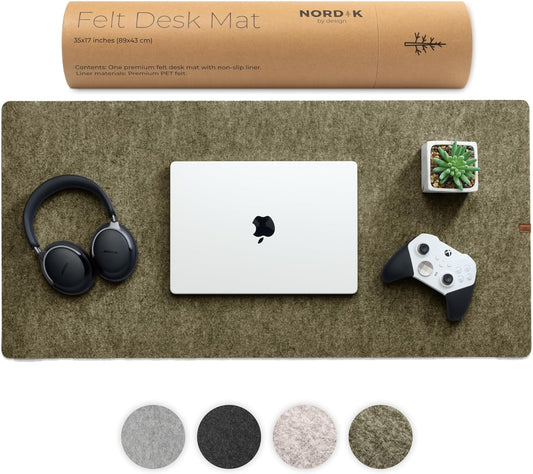 Nordik Large Felt Desk Mat – Timber Moss Green – 35 x 17 inch – Computer Desk Mat – Keyboard and Mouse Pad – Large Desktop Felt Pad