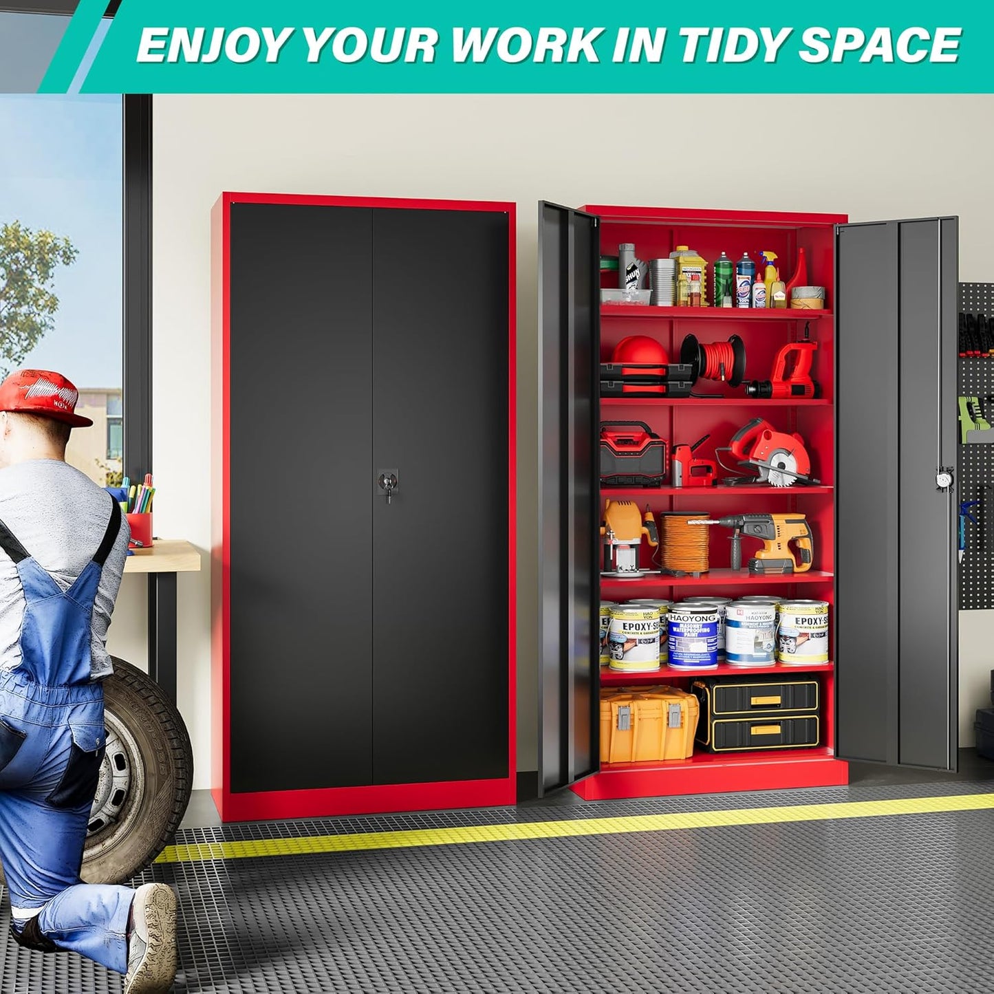 SISESOL Wide & Deep Metal Storage Cabinet with Lock & 5 Adjustable Shelves,72" Red Black Garage Storage Cabinet with Locking Doors,Lockable Cabinets for Home,Office,Shop,Garage,Basement 72x36x18