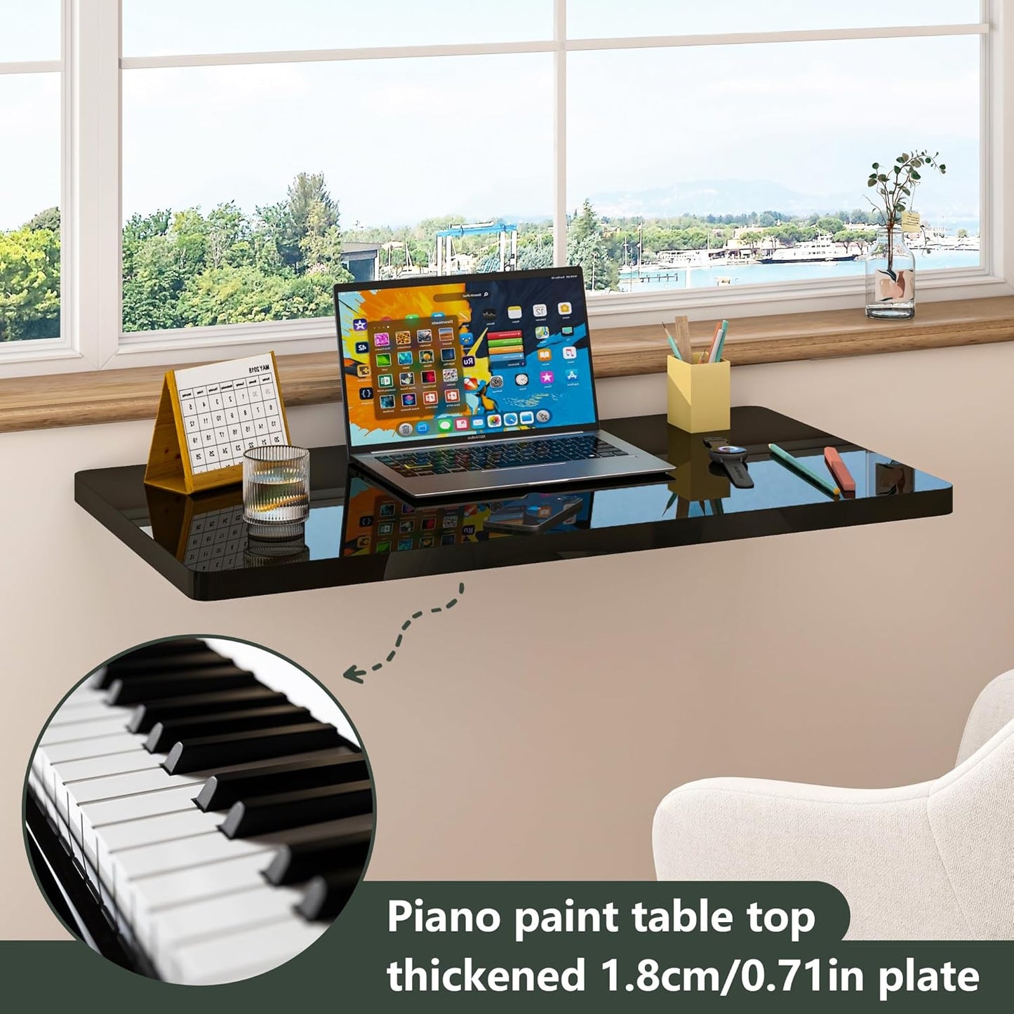 Clikuutory Wall Mounted High Gloss Folding Table, Wall Desk Fold Down for Small Spaces, Folding Workbench for Laundry Room, Home Office, Kitchen, Bedroom, Home Bar, Black(31.5"×15.7")