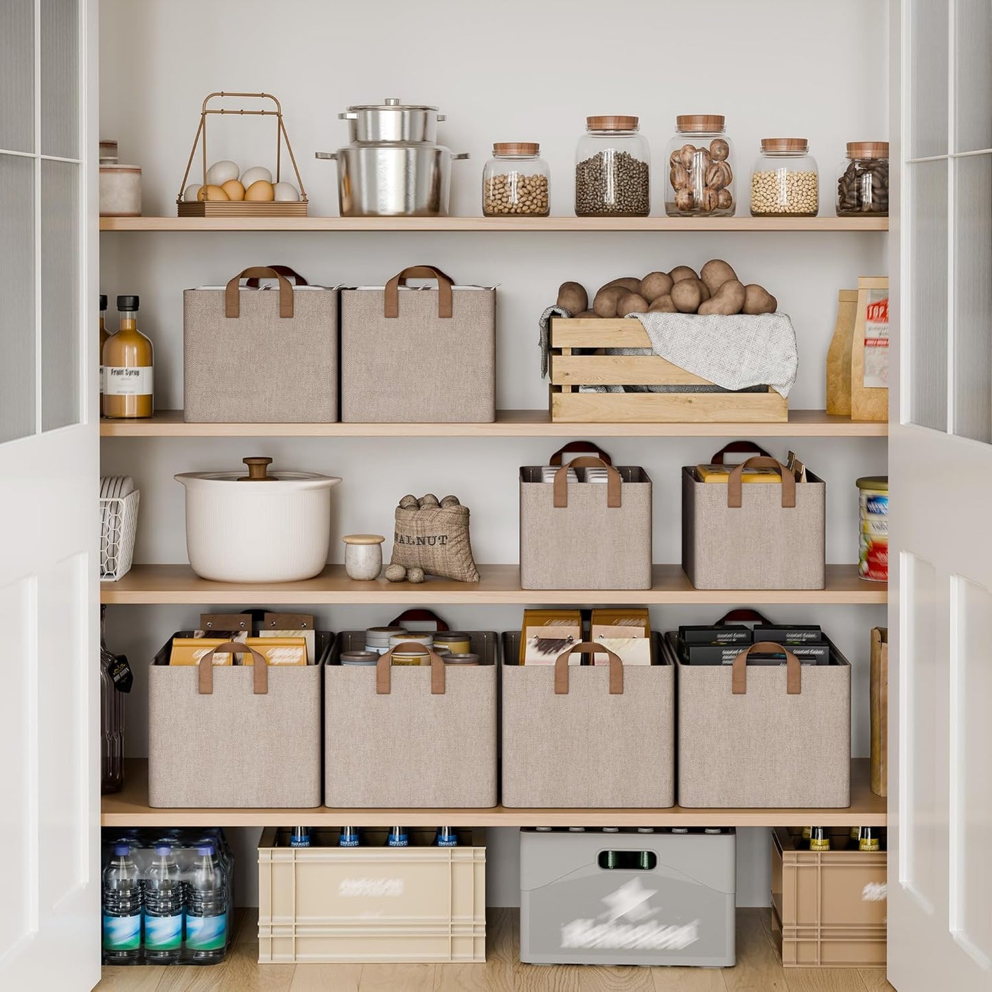StorageWorks Storage Bins, Fabric Storage Bins for Shelves, Storage Baskets with Metal Frame, Closet Baskets and Bins with Handles, Brown and Beige, 2-Pack