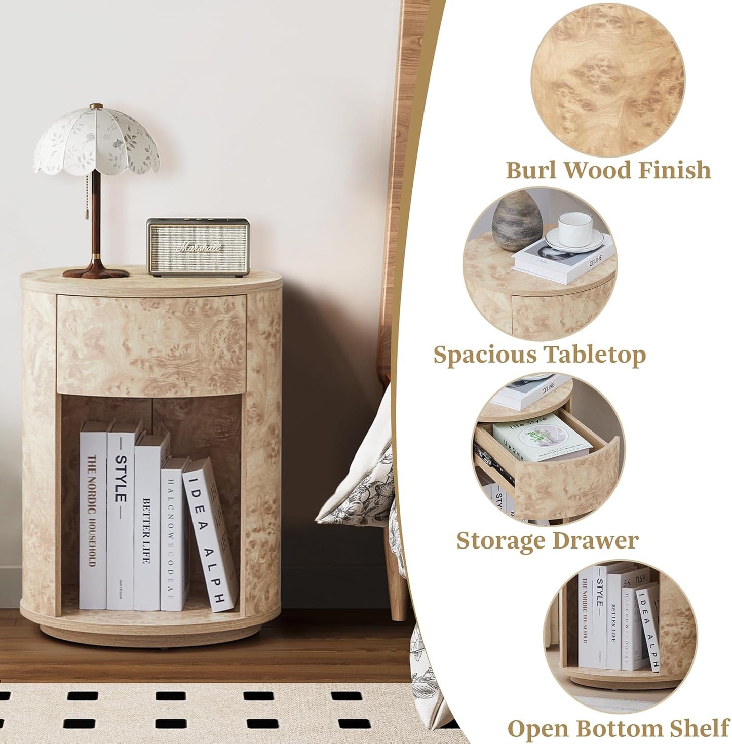 Side Table with Drawer, Round Bedside Table with Open Shelf, Farmhouse Burl Wood Nightstand Accent Table for Living Room, Bedroom (Natural, 1-Pack)