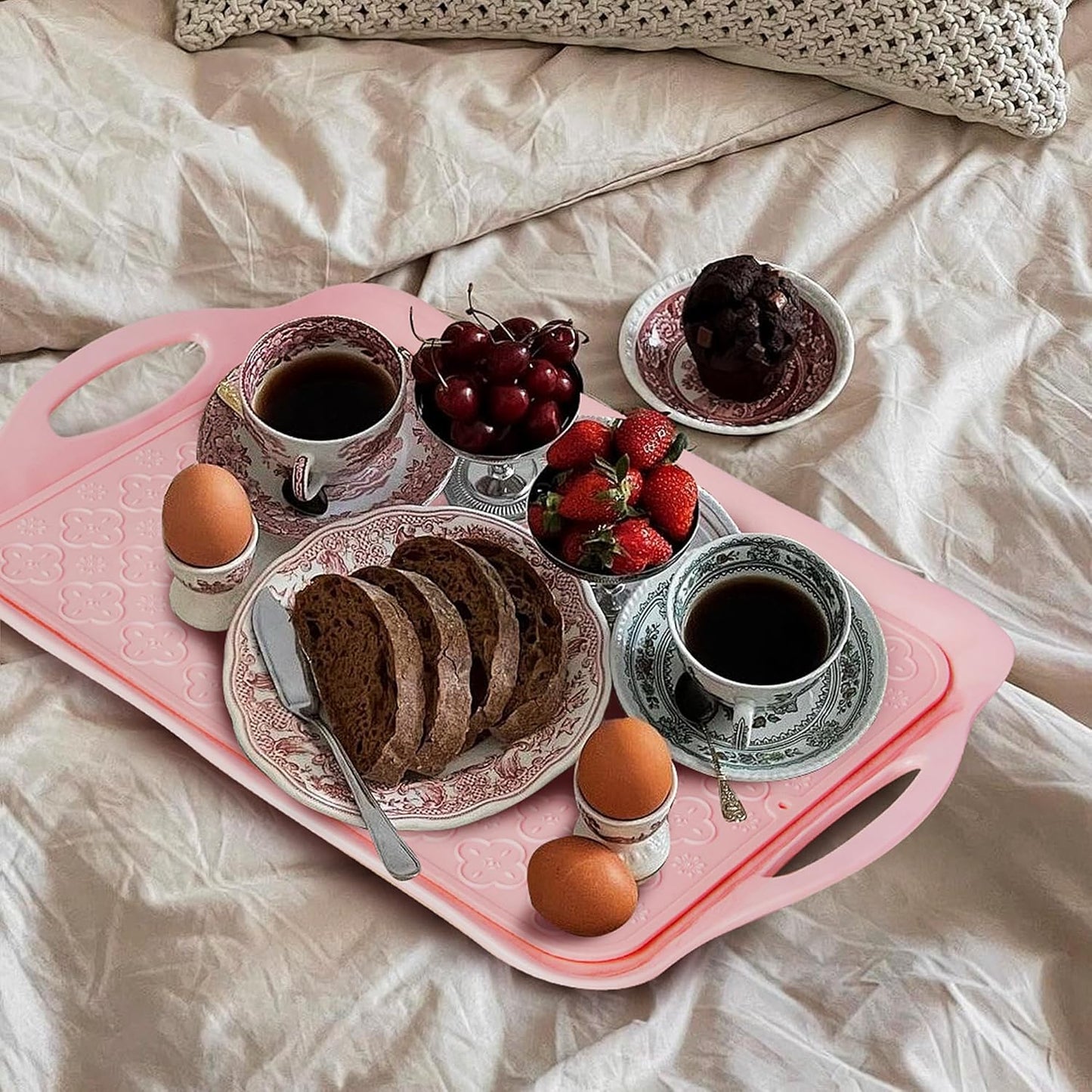 LEHAHA Melamine Serving Tray with Handles, 17.25 x 12 Inch Aesthetic Serving Platters and Trays with Curved Sides, Tray for Lunch, Coffee, or Breakfast, 4pcs Set, Silicone placemats Included,Pink