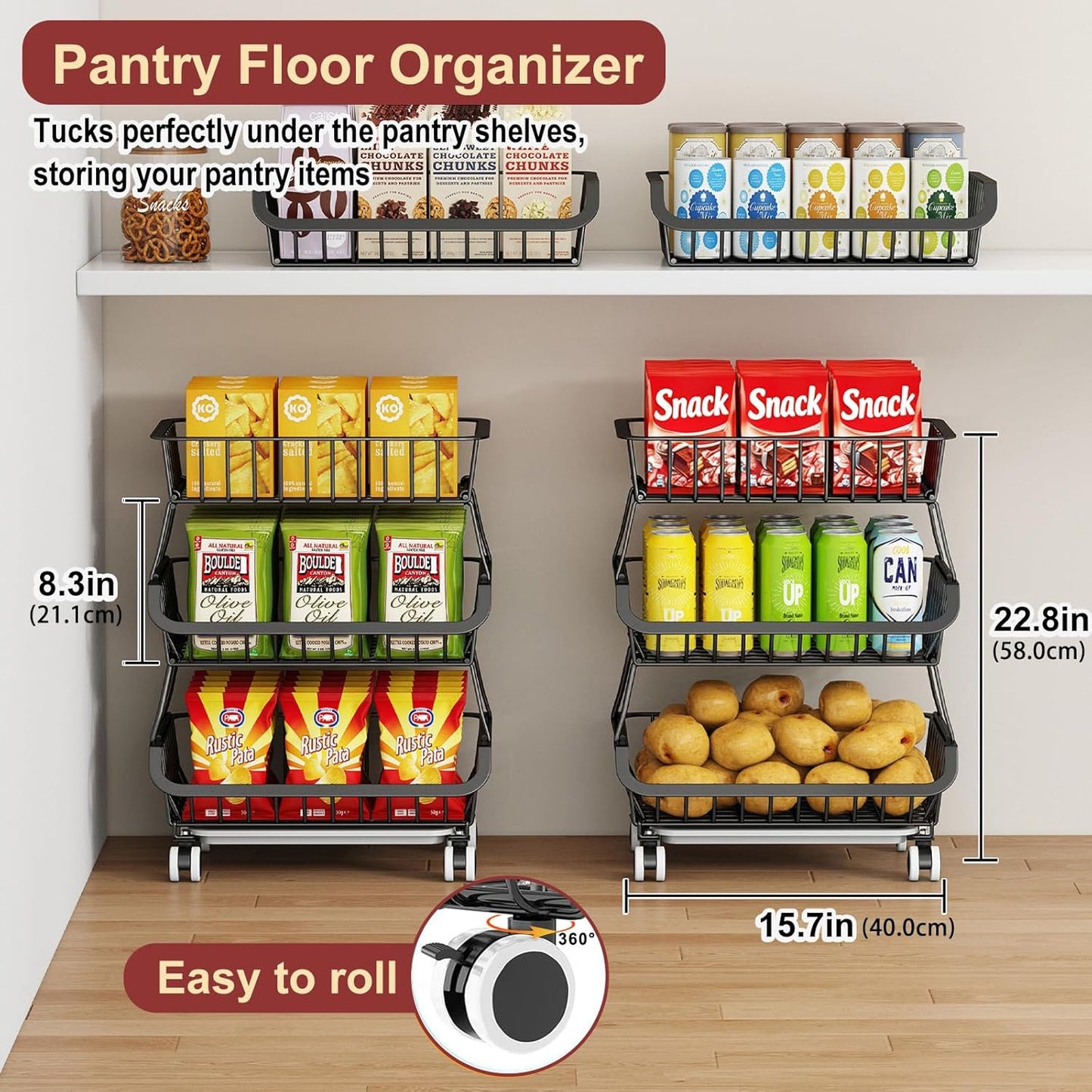 Miyawell 3-Tier Rolling Pantry Cart with Wheels, Stackable Wire Storage Floor Organizer for Kitchen Pantry Snack Shelves, Fruit Basket Stand, Vegetable Storage Rack for Food Snacks Onion Potato