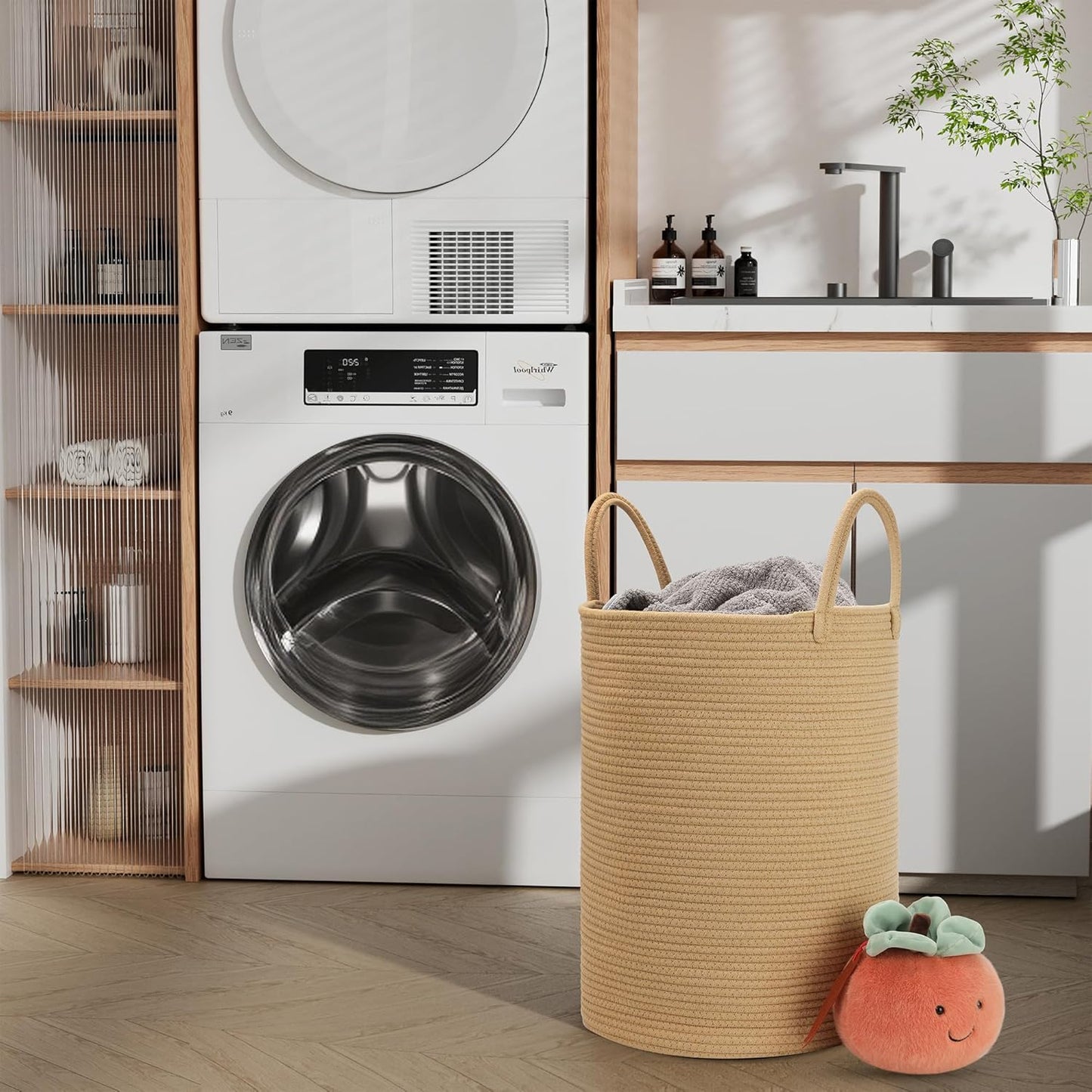 58L Cotton Rope Laundry Basket (20"x15"),Woven Basket for Storage Dirty Clothes Basket for Laundry, Living Room, Nursery, Bedroom Rope Storage Basket for Blankets（Brown）