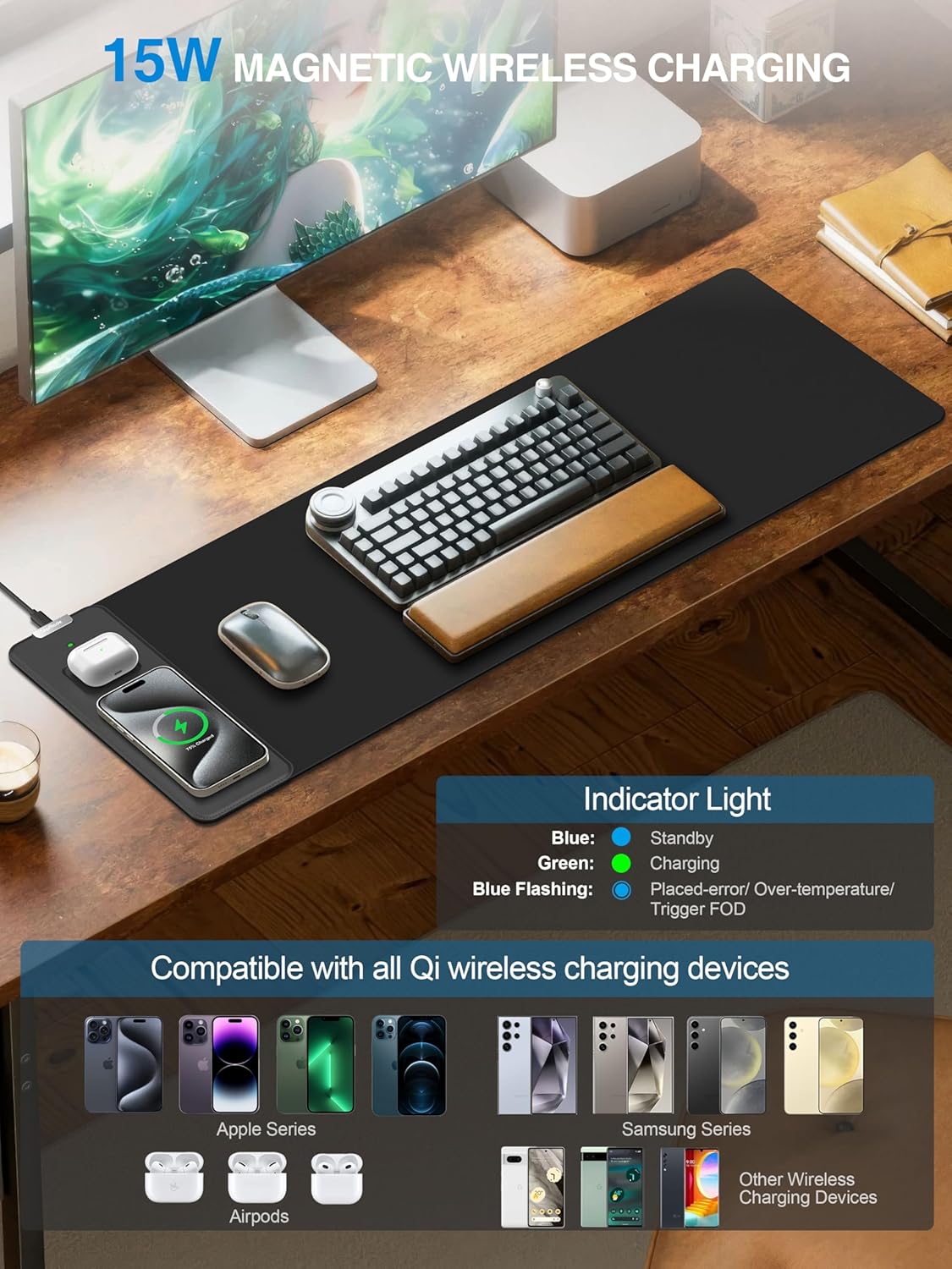 TopMade Mouse Pad with 15W Fast Wireless Charging, 31.5"x11.81" XL Large Gaming Waterproof Desk Pad with Ultra-Smooth Surface, Non-Slip Base, Classic Black Computer Desk Mat for MacBook, PC, Laptop