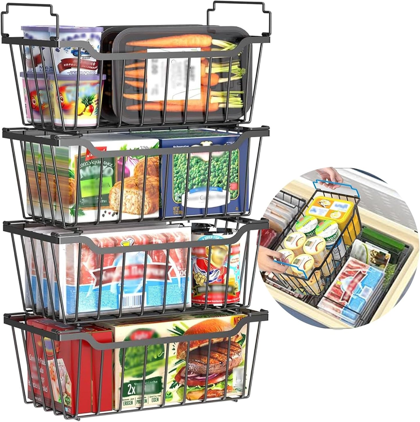 Freezer Organizer Bins with Foldable Handle, 4 Pack Stackable Freezer Baskets Deep Chest Freezer Organization, Black Metal Freezer Storage Bins Space Utilization Bins