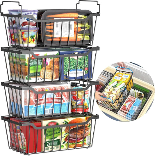 Freezer Organizer Bins with Foldable Handle, 4 Pack Stackable Freezer Baskets Deep Chest Freezer Organization, Black Metal Freezer Storage Bins Space Utilization Bins