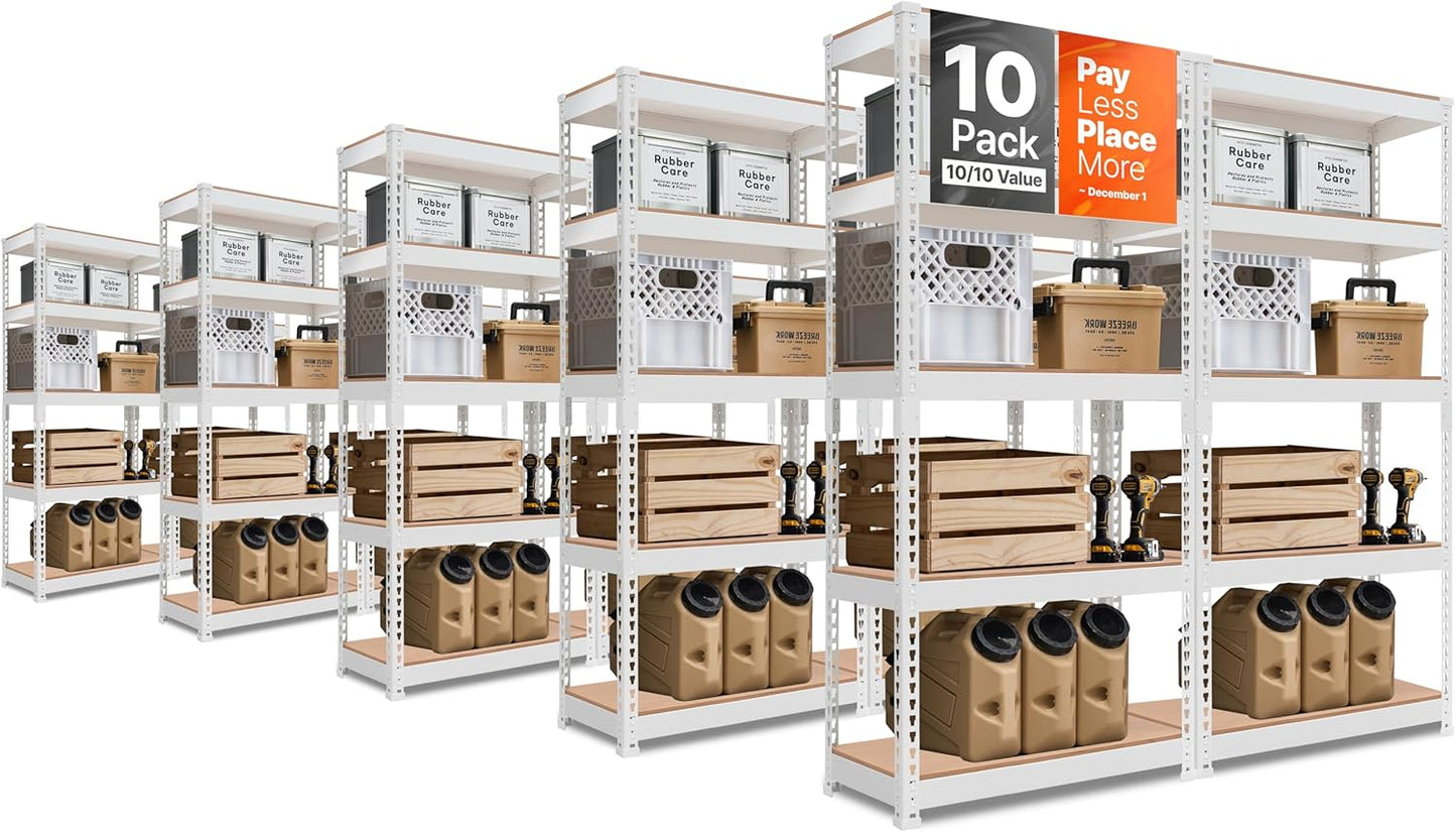 HOMEDANT 5 Tier Laminated White Boltless Metal Shelving Unit Adjustable Garage Storage Utility Rack Heavy Duty Shelves Organization Shelf Warehouse Pantry 28" W x 12.3" D x 59.5" H 10Pack