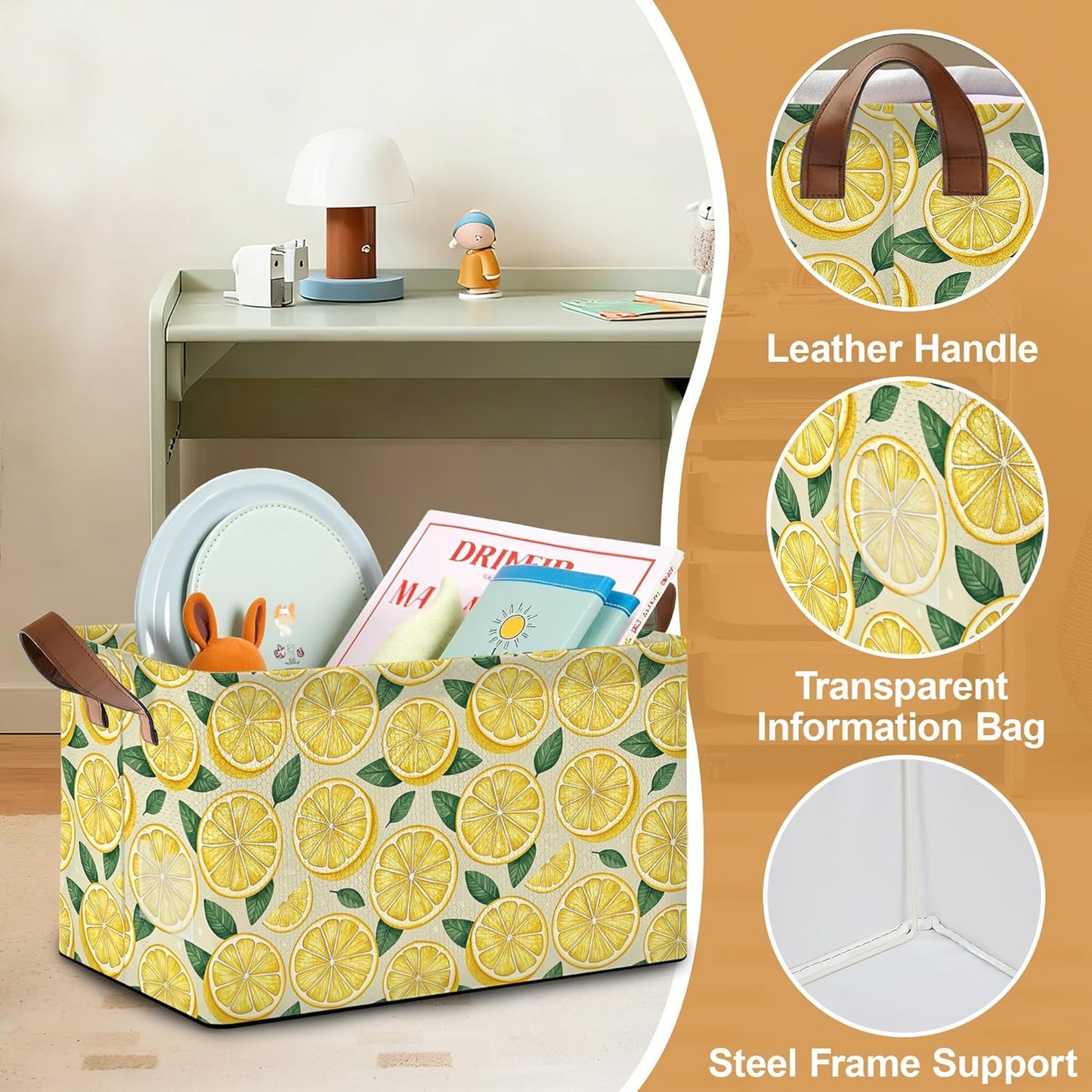 Lemon Storage Bin with Handles, Basket Storage Organizer for Shelves, Closet, Nursery, Book, Laundry Hamper & Home Decor
