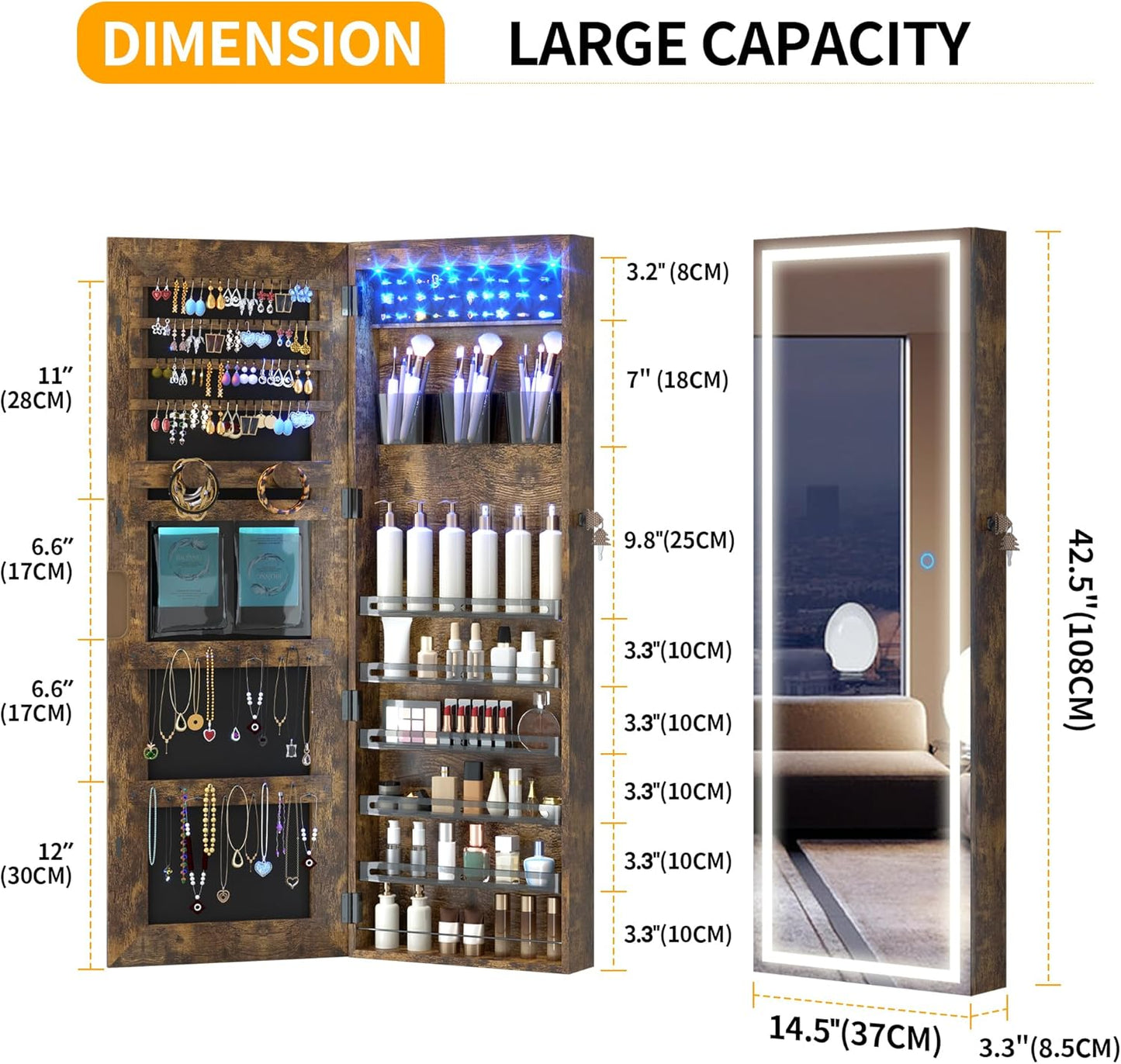 LVSOMT LED Mirror Jewelry Cabinet, Wall/Door Mount Jewelry Armoire Organizer with Lights, Full Length Mirror with Jewelry Storage, Over the Door Hanging Cabinet (Rustic Brown)