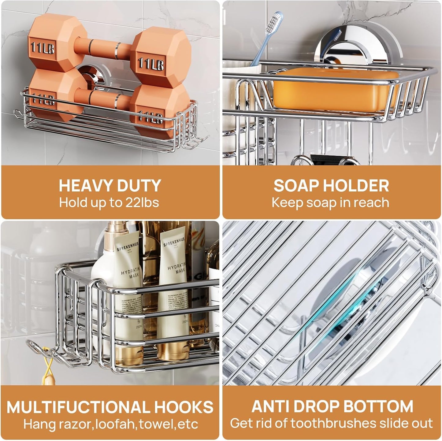LEVERLOC Shower Caddy Suction Cup, 3 Pack Heavy Duty Bathroom Organizer for Inside Shower with Hooks & Soap Holder, Removable Bathroom Organizer, Rustproof Silver Holder Storage Storage,Silver