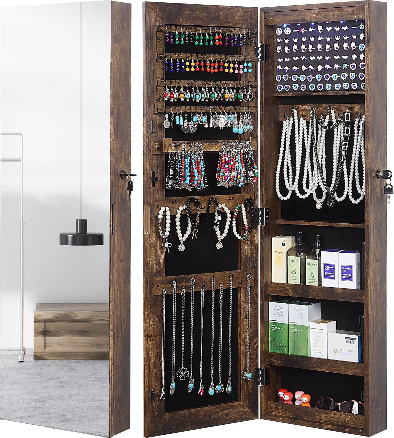 GISSAR Full Length Mirror Jewelry Cabinet, 6 LEDs Jewelry Armoire Wall Mounted Over The Door Hanging, Jewelry Organizer Display Storage Furniture with Lights Locker Mirrored Cabinet, Vintage Brown
