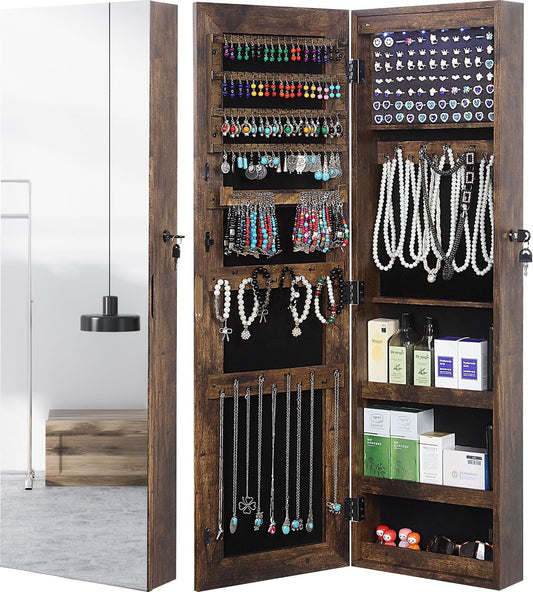 GISSAR Full Length Mirror Jewelry Cabinet, 6 LEDs Jewelry Armoire Wall Mounted Over The Door Hanging, Jewelry Organizer Display Storage Furniture with Lights Locker Mirrored Cabinet, Vintage Brown