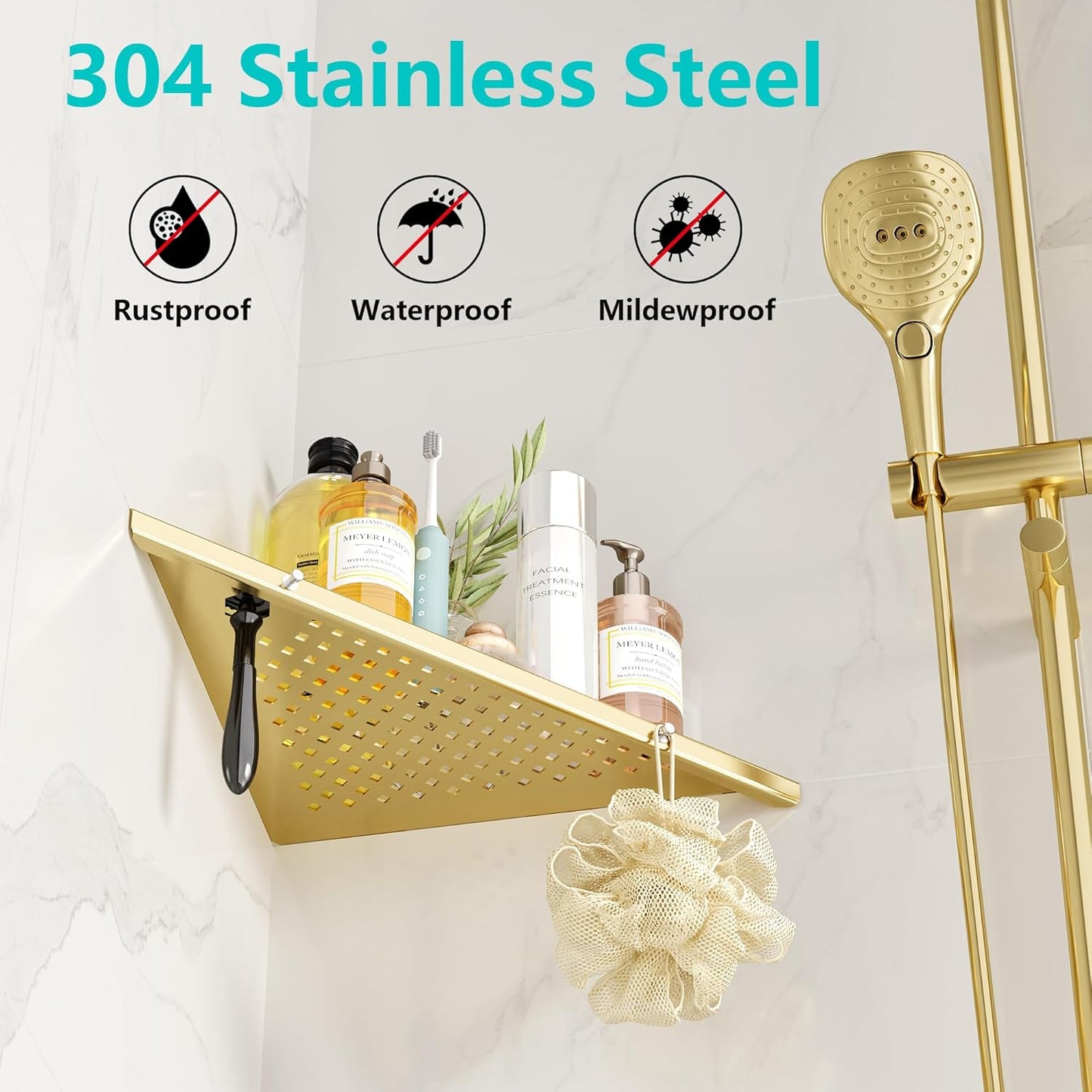 10" Bathroom Corner Shelf, 2 Pack Recessed Shower Shelf Caddy, SUS304 Stainless Steel Shelf Wall Mount Triangular, No Drilling Brushed Golden