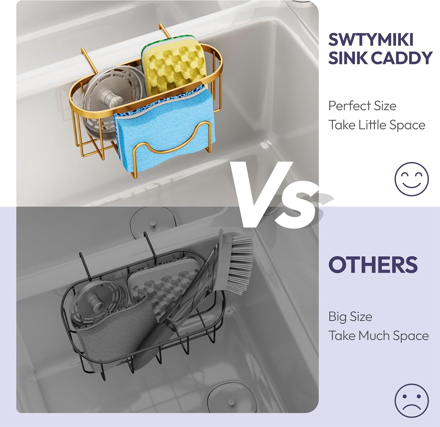 SWTYMIKI Sponge Holder for Kitchen Sink - Movable Kitchen Sink Caddy with M Shape Hook, Stainless Steel Hanging Sponge Caddy for Dish Sponge, Brush, Stopper Organizer in Double Sink, Gold