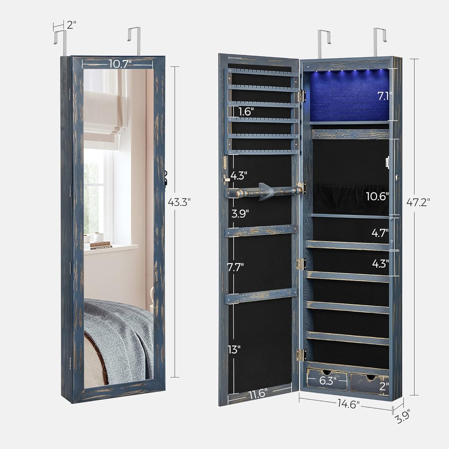 SONGMICS 6 LEDs Mirror Jewelry Cabinet, 47.2-Inch Tall Lockable Wall or Door Mounted Jewelry Armoire Organizer with Mirror, 2 Drawers, Christmas Gift, 3.9 x 14.6 x 47.2 Inches, Rustic Blue
