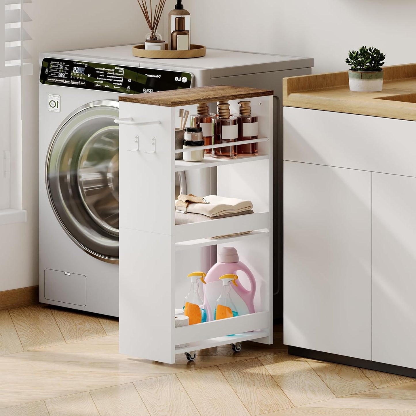 ChooChoo 4-Tier Slim Storage Cart with Handle, 7.87" W Rolling Utility Cart on Universal Wheels, Kitchen Cart Mobile Shelving Organization for Laundry Room, Bathroom & Narrow Places (Walnut & White)