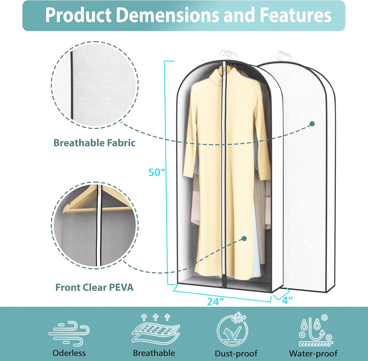 50” Garment Bags for Hanging Clothes 4” Gusseted - with Clear Window, Breathable Fabric, Metal Zipper, Suit Coat Long Dress Protector for Clothes Closet storage, Season Off, Moving, 5 Pack