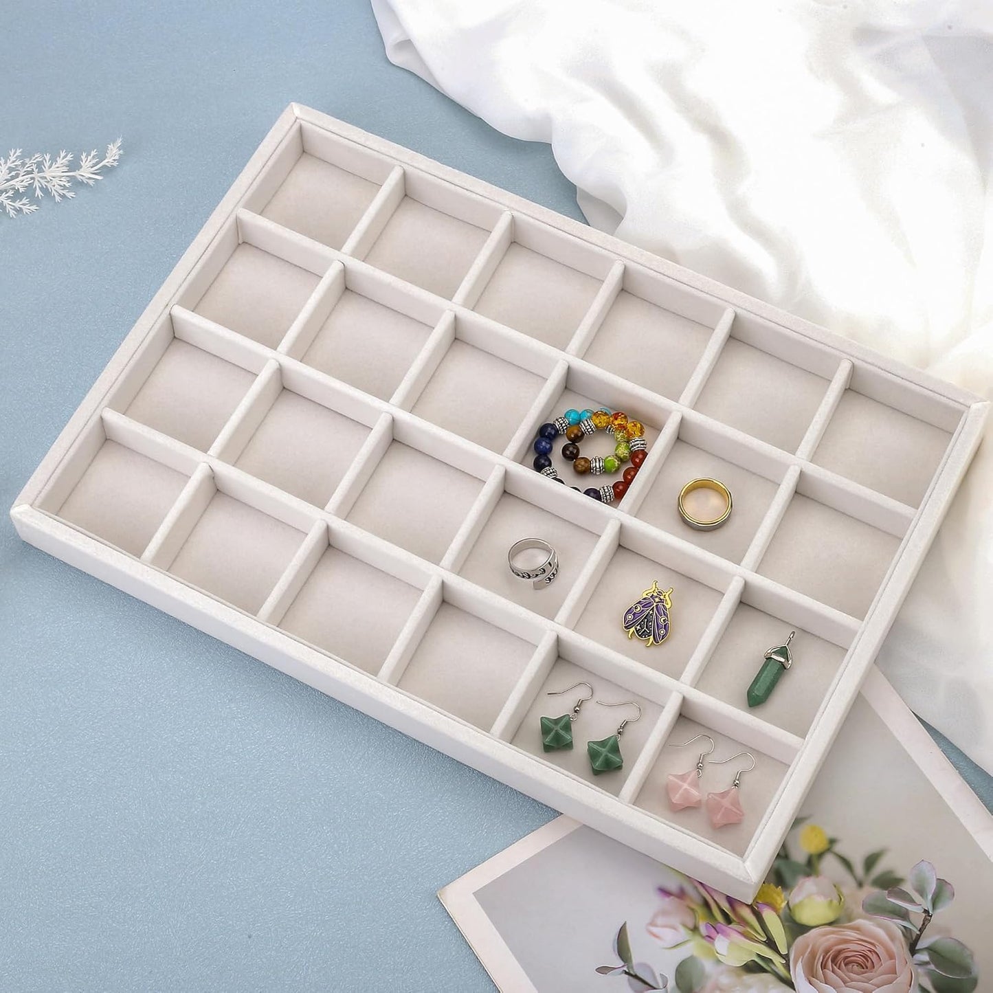 Mornajina 24 Grids Velvet Jewelry Tray Jewelry Display Tray, Stackable Empty Plate Trays for Earrings Necklaces Bracelet Rings Display Showcase - Beige